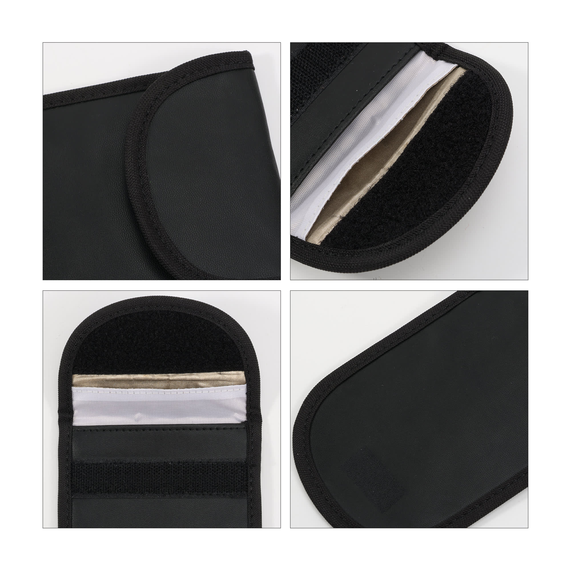 A black PU Faraday signal blocking pouch with a Velcro closure and interior lining visible. Includes various angles of the pouch.