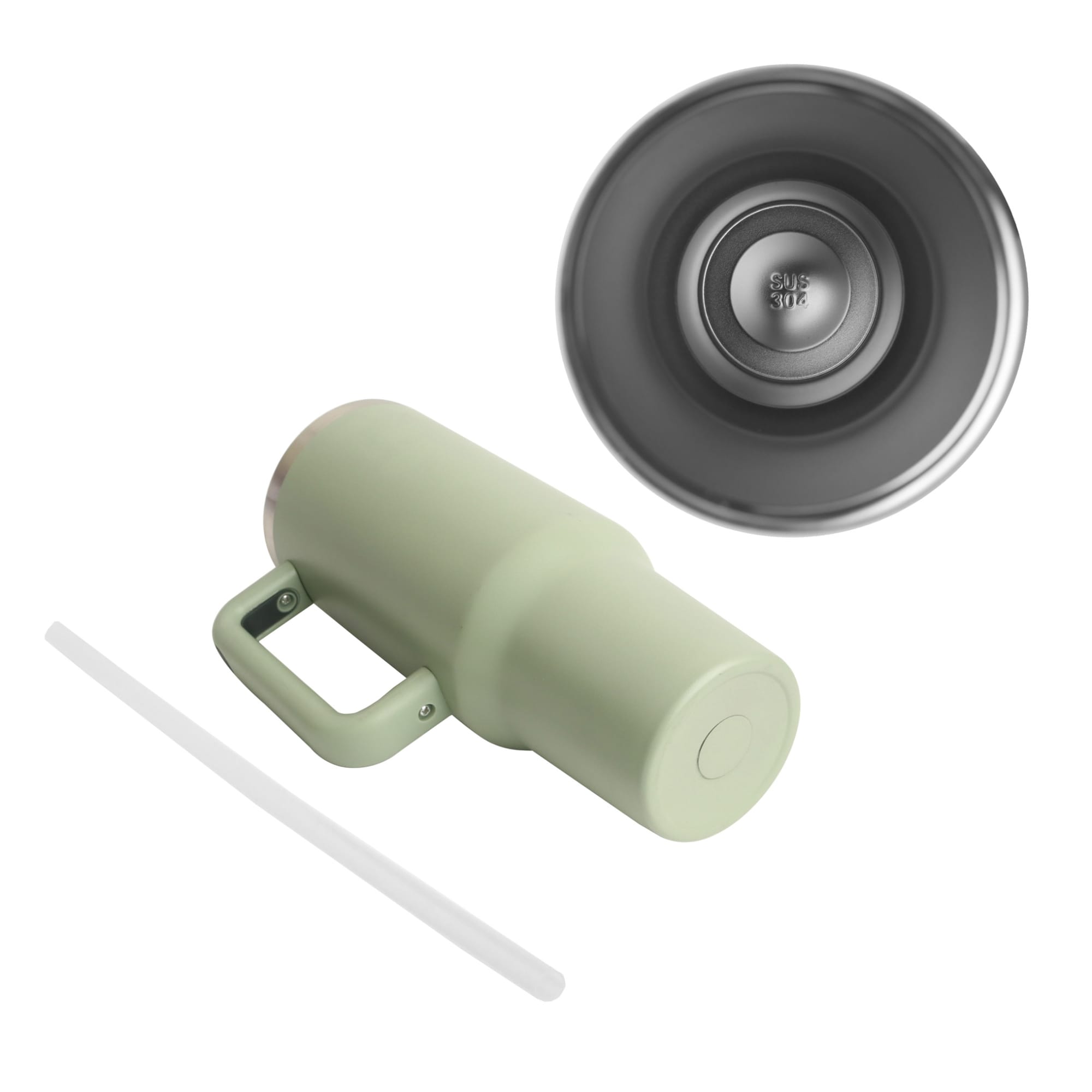 A drink bottle in soft green stainless steel, featuring a lid, straw, and a handle. It has a logo on the side.