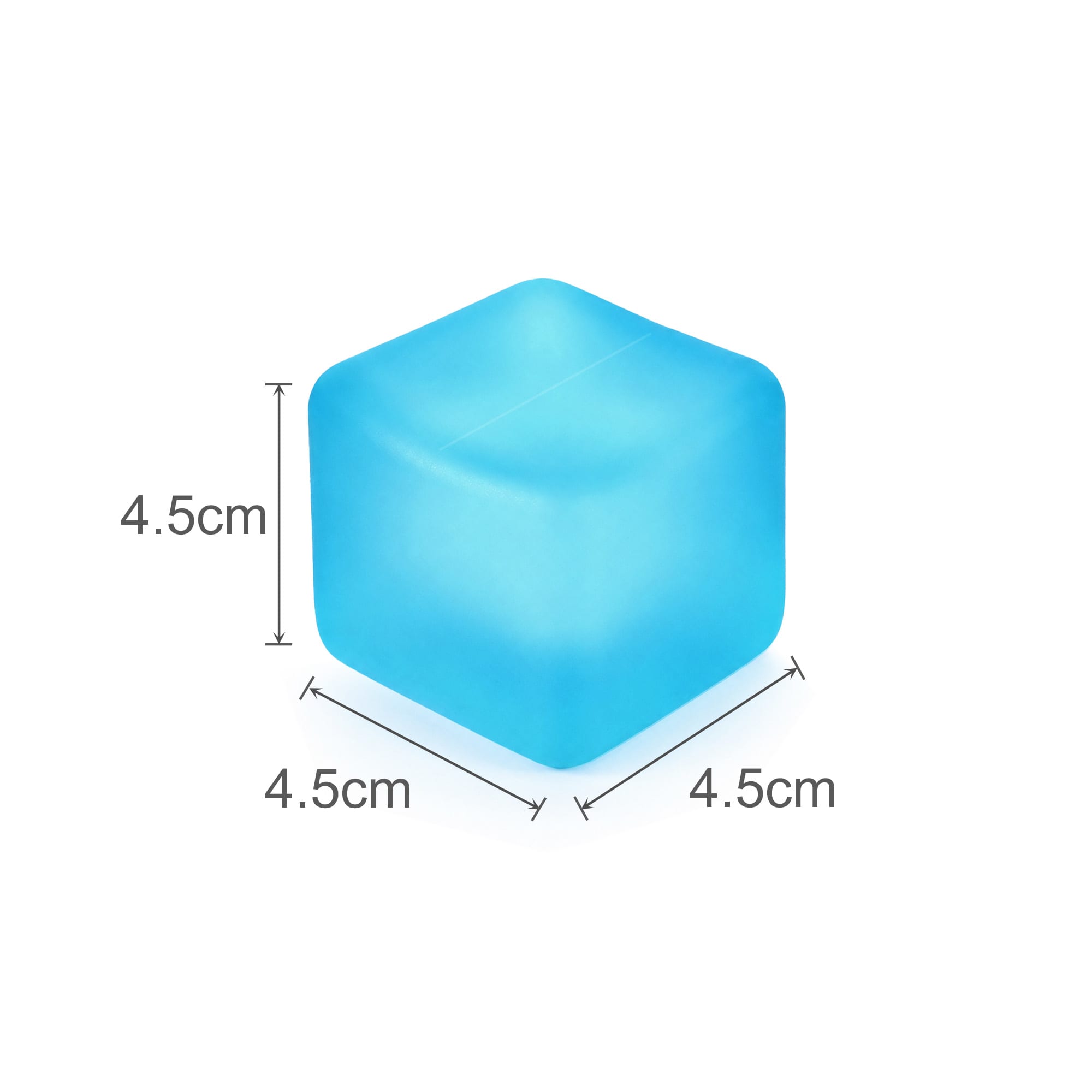 A light blue squishy cube with dimensions of 4.5cm x 4.5cm x 4.5cm, featuring a smooth surface.