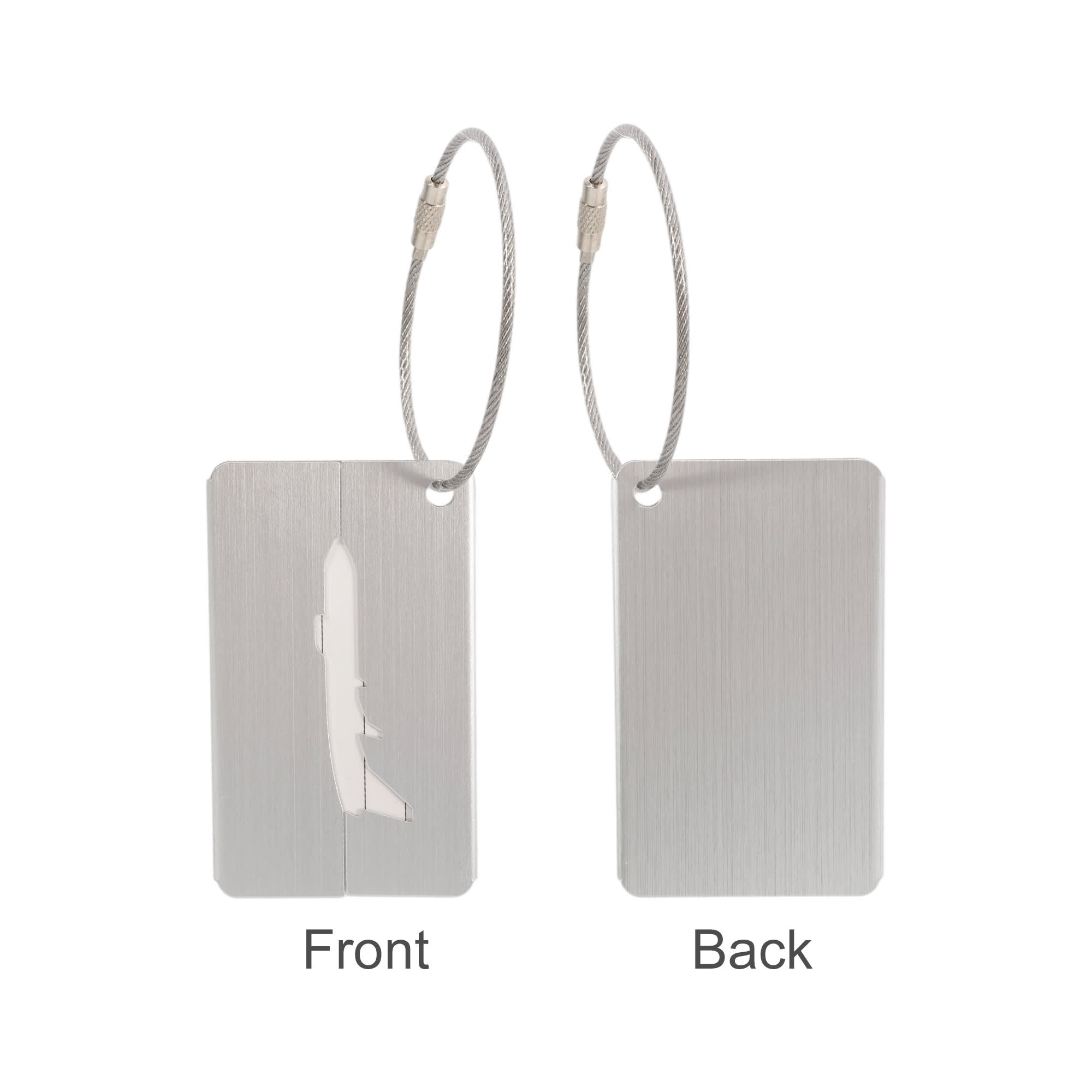 A brushed aluminium luggage tag featuring a plane design, with a dual-sided layout and attached through a metal loop.