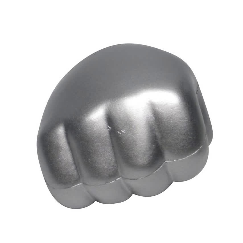 A silver clenched fist shape stress reliever, designed for fun and stress relief, with a glossy finish.