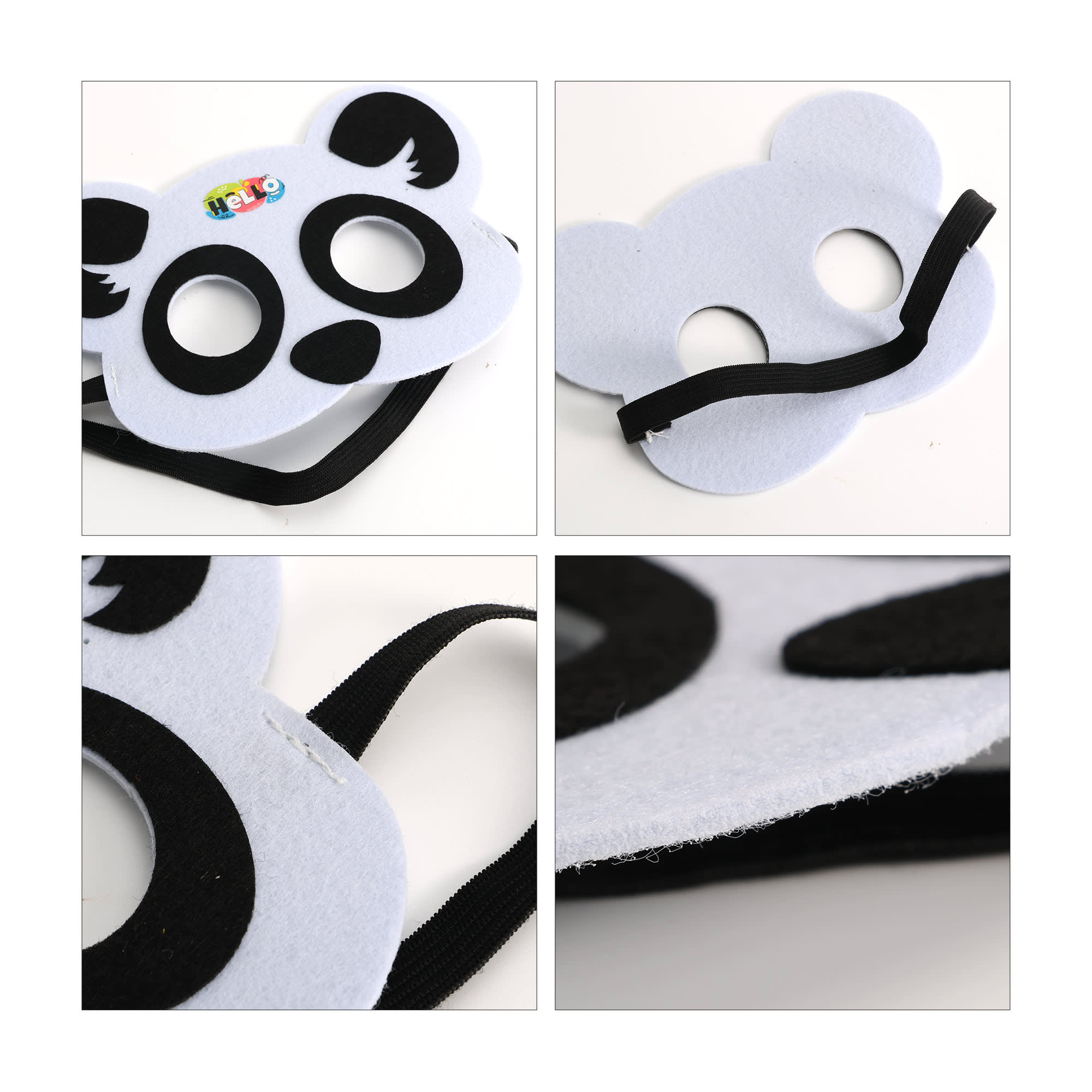 A felt panda mask in grey and black, featuring eye holes and a black elastic strap, with a logo.
