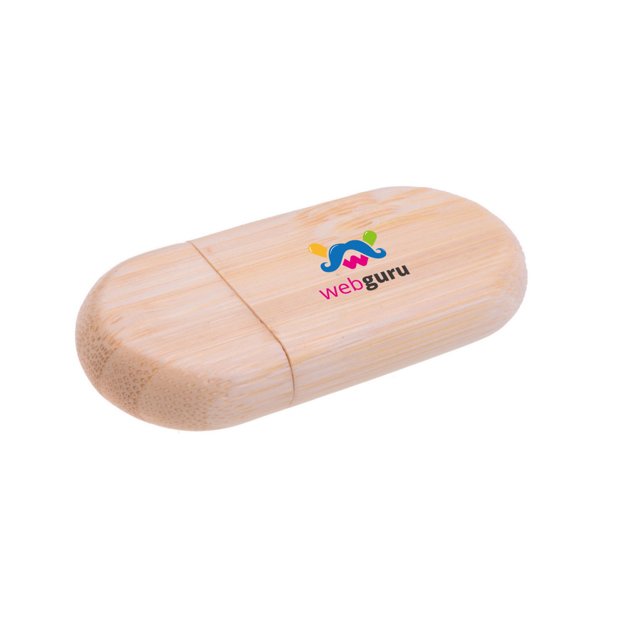 A bamboo flash drive with a rounded oblong shape and a logo displayed on the surface.