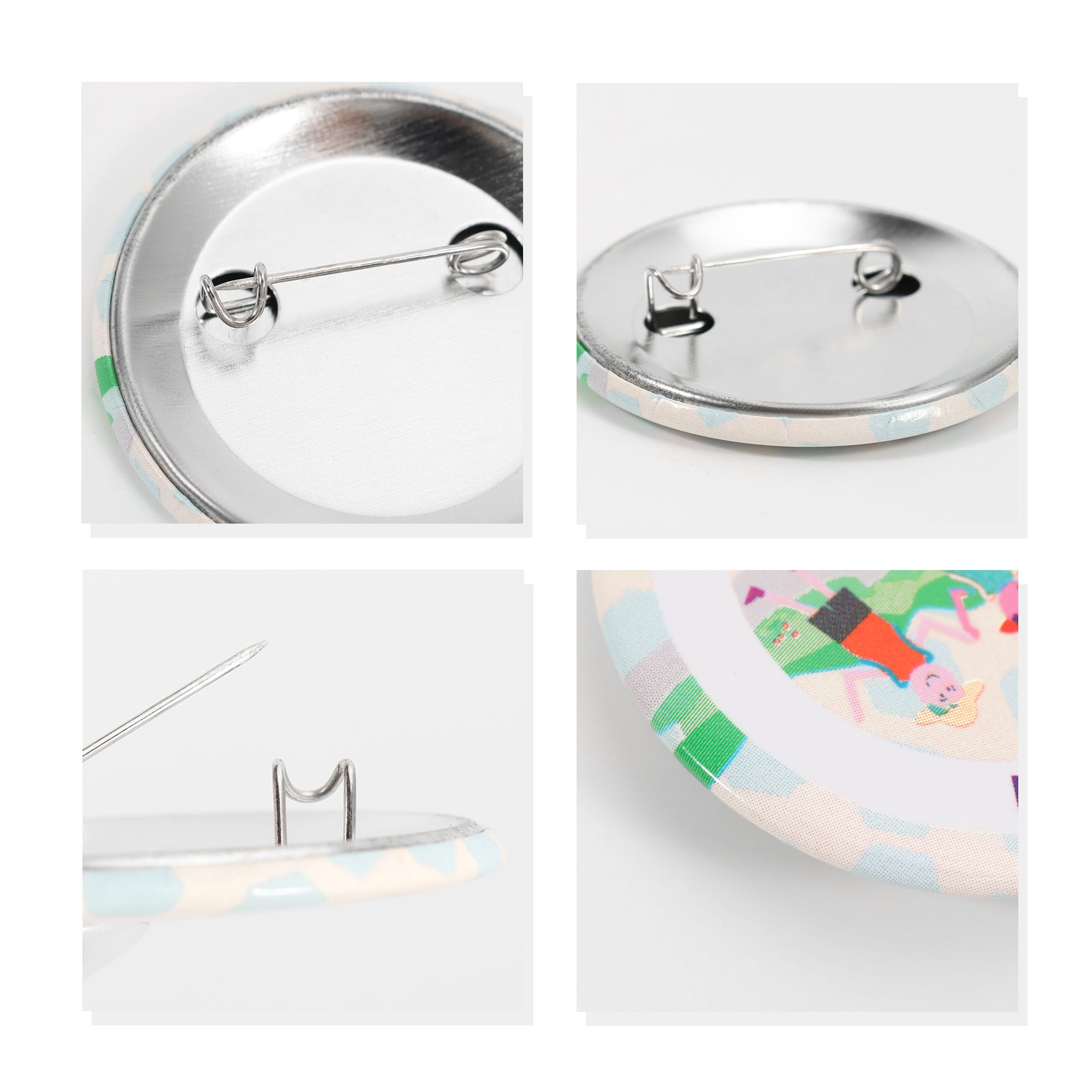 A collection of button badges featuring a colourful design, metal backs with pins, and a shiny finish.