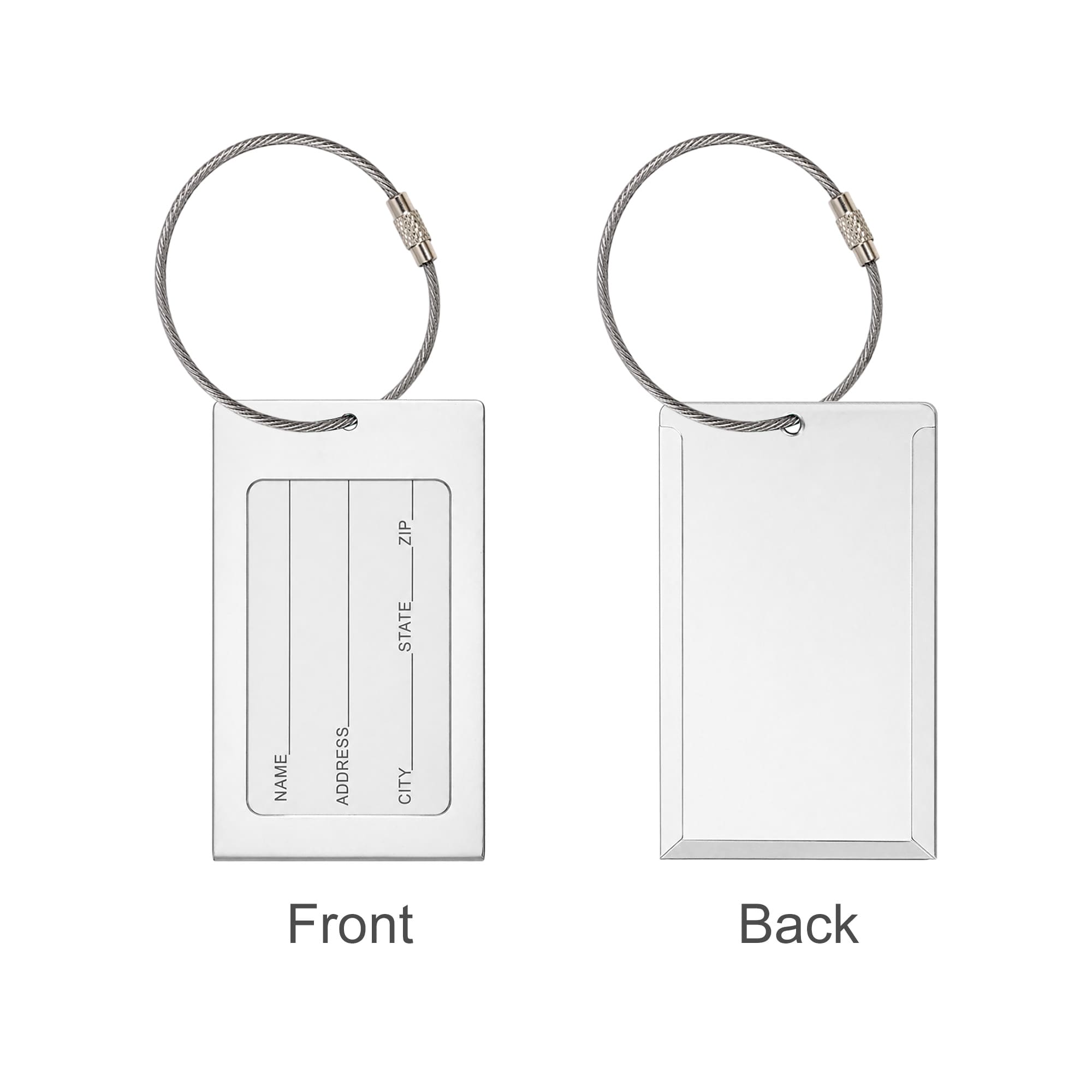 A square aluminium luggage tag with a metal loop, featuring a blank space for personal information. Silver in colour.