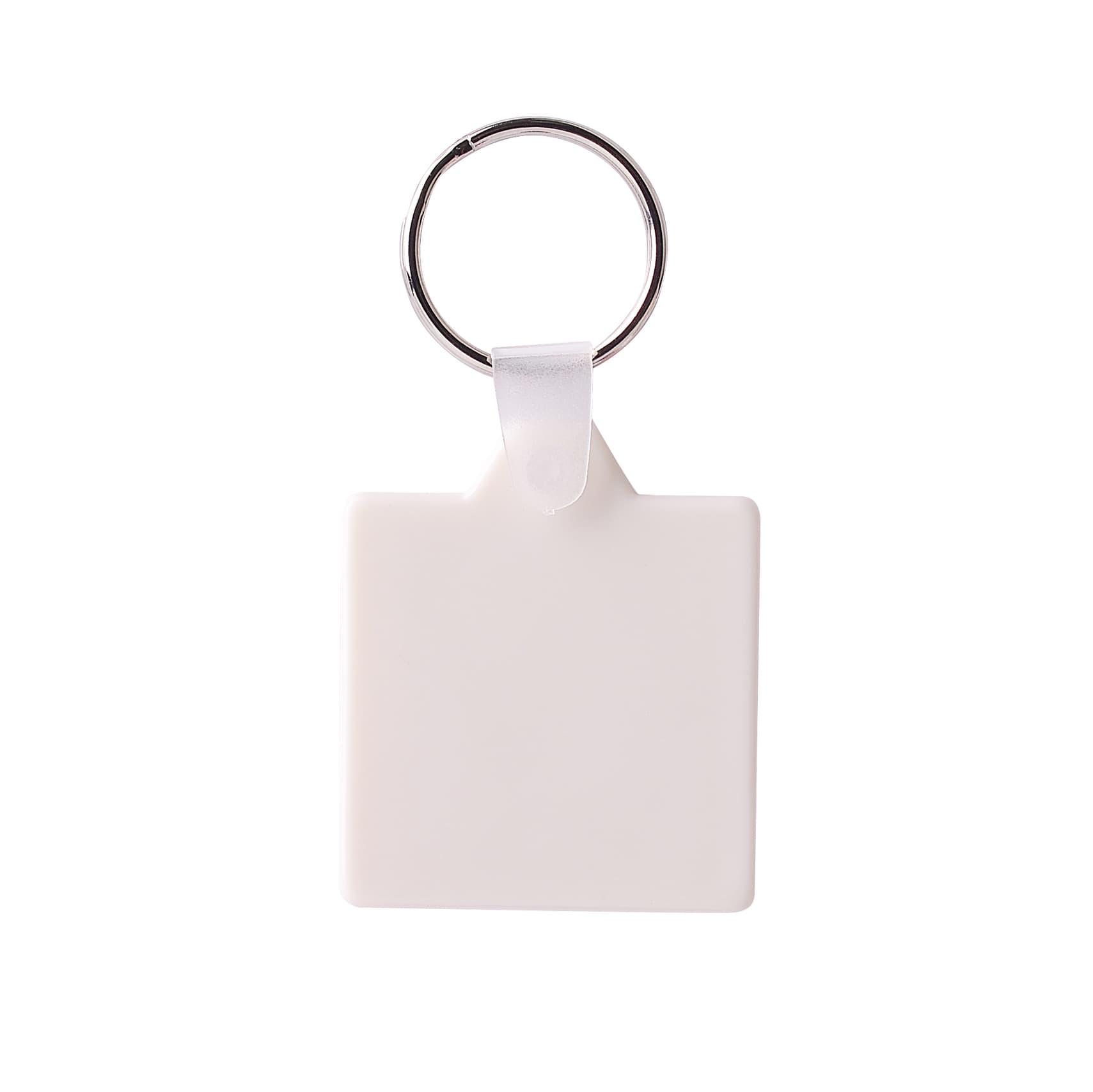 A square hard plastic keyring in white attached to a silver metal ring.