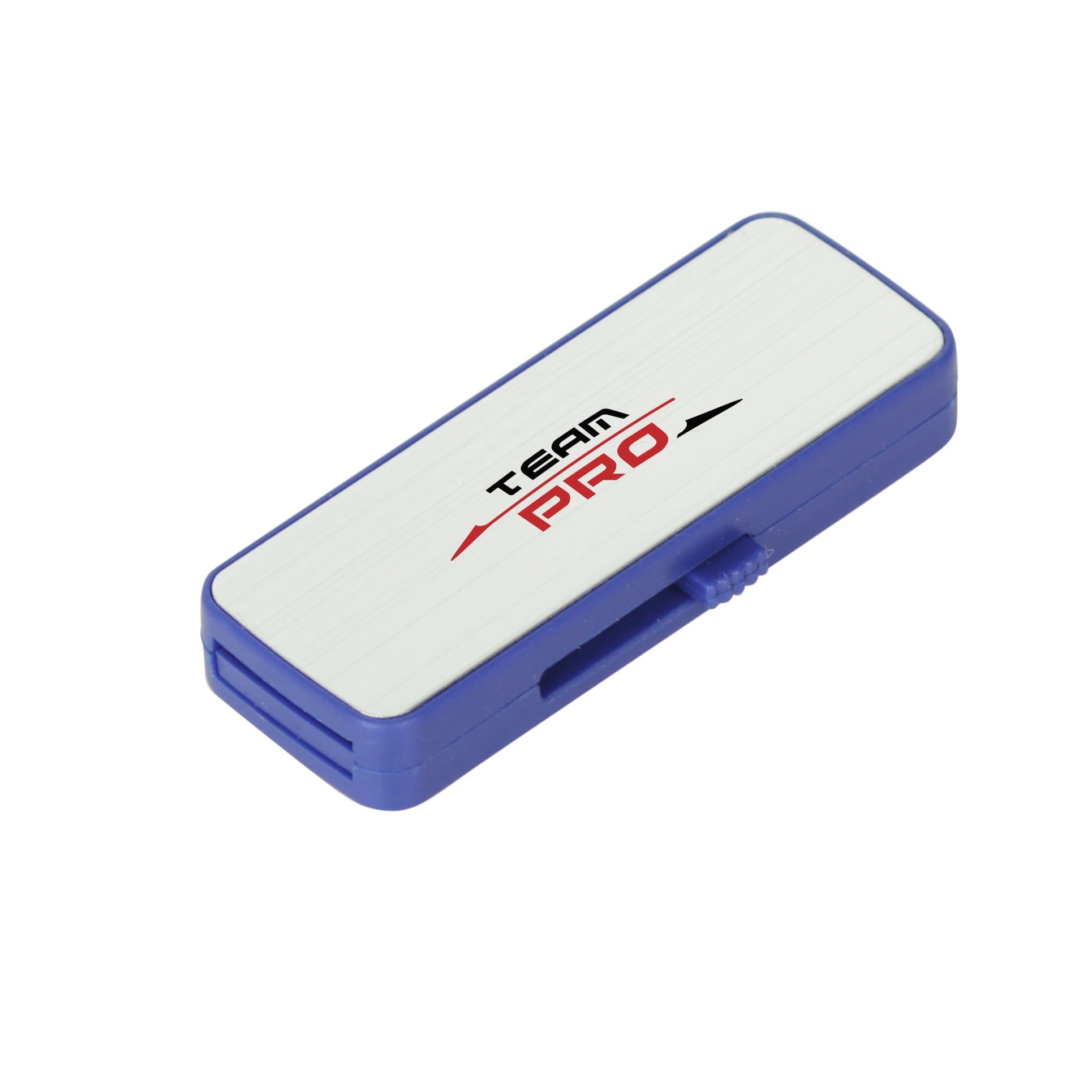 A blue and silver sliding flash drive with a logo on the surface.