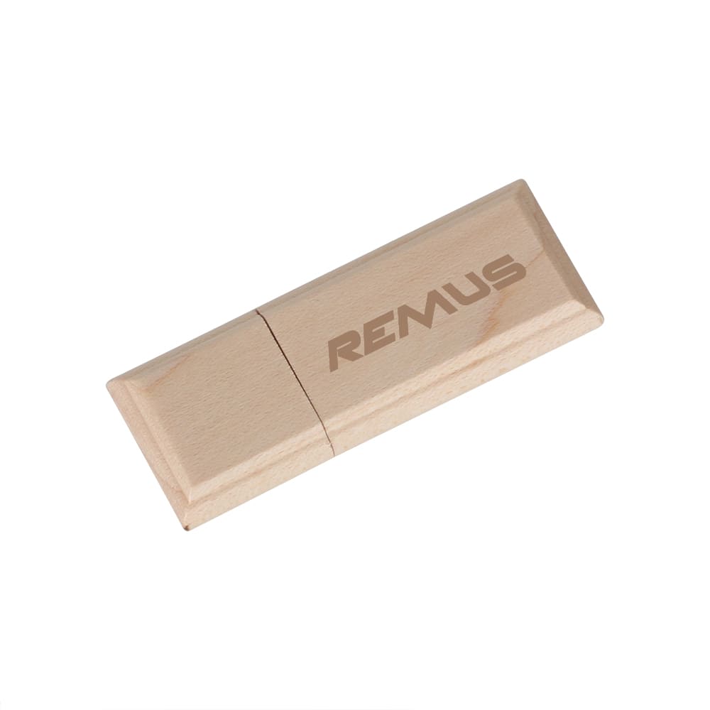 A wooden flash drive in a light colour with a logo on the surface, featuring a sleek rectangular design.
