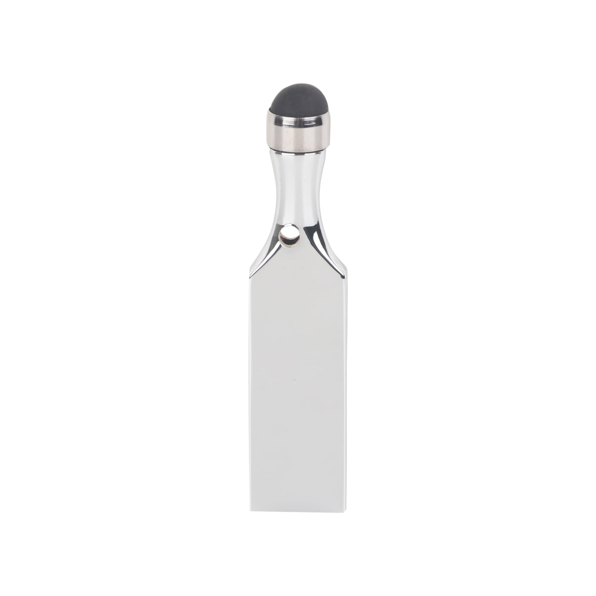 A silver touch pen USB flash drive featuring a rounded tip and a sleek design. It has a logo on the surface.