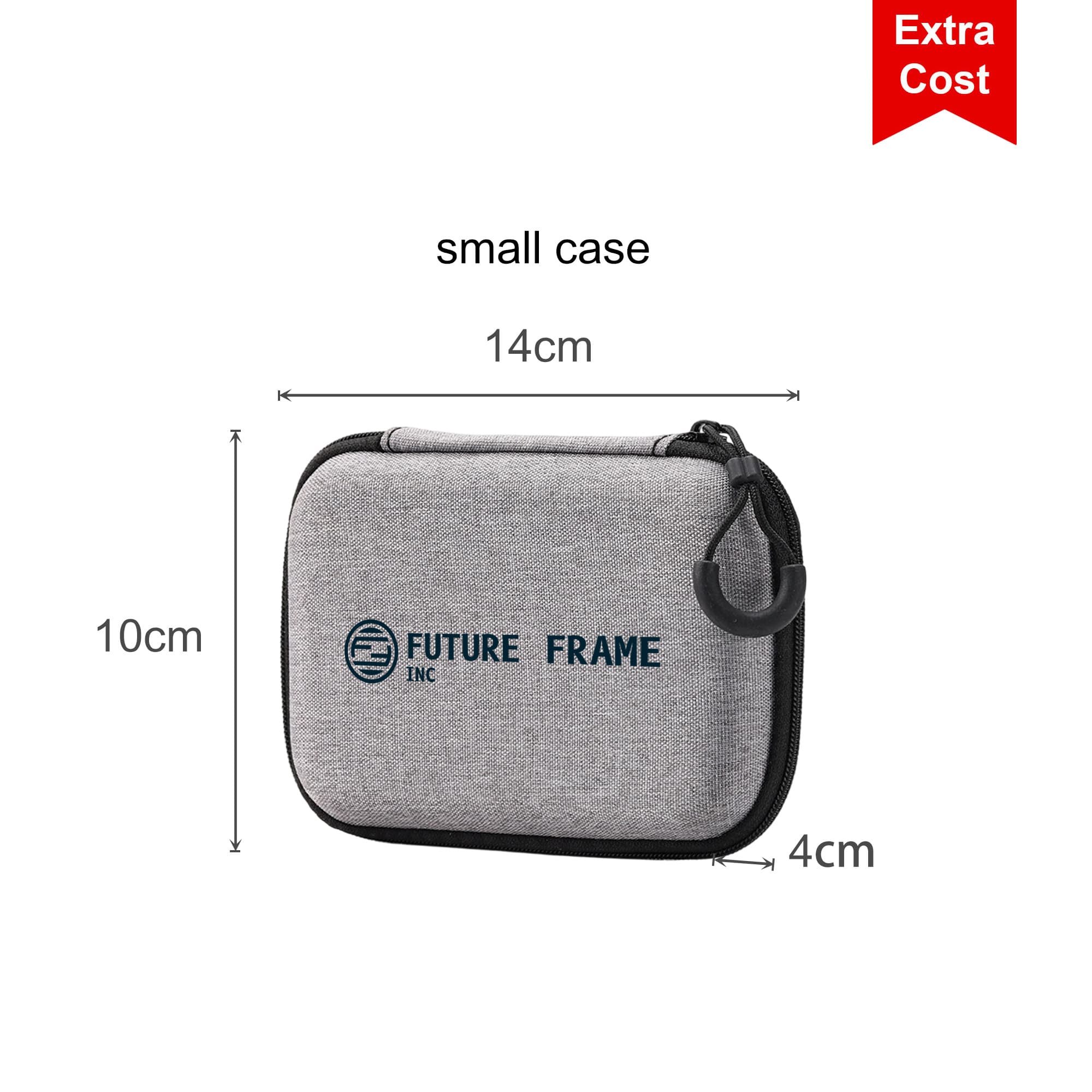 A small grey case with dimensions of 14cm by 10cm by 4cm, featuring a logo.