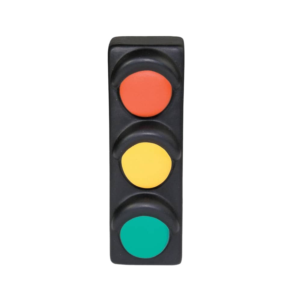 A traffic light shaped stress reliever in red, yellow, green, and black. It has a rounded design and a smooth finish.