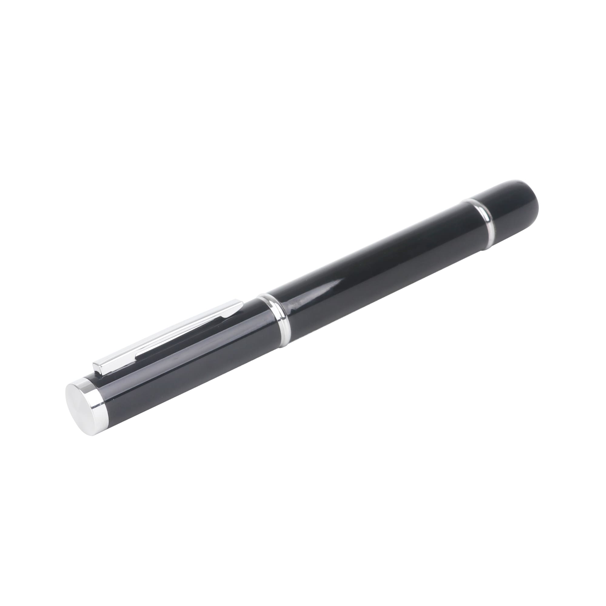 A black USB memory pen featuring a sleek design and silver accents, with a clip for secure attachment.