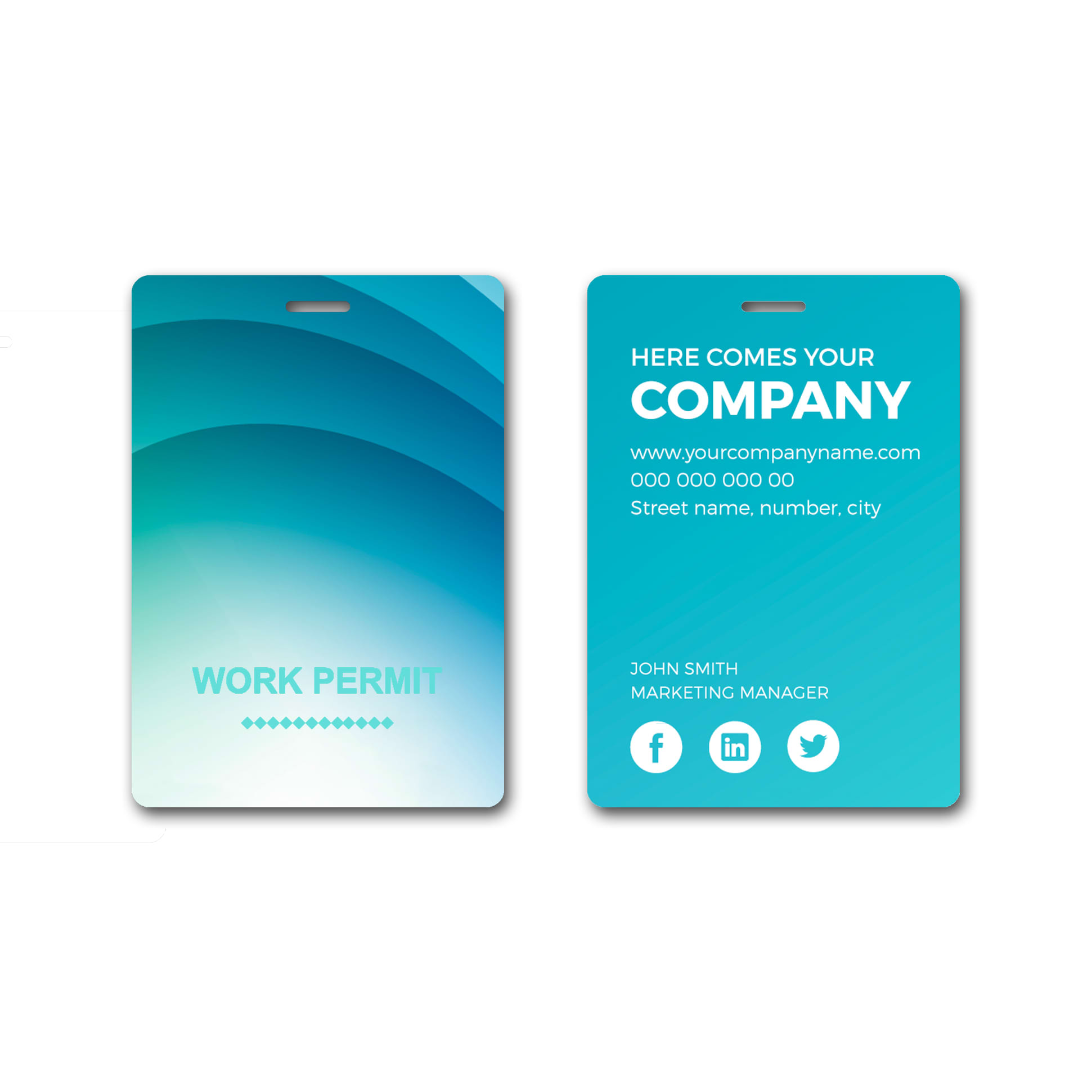 A small, uniquely printed name tag in blue and green with a smooth, wavy design, featuring a logo and placeholder information.
