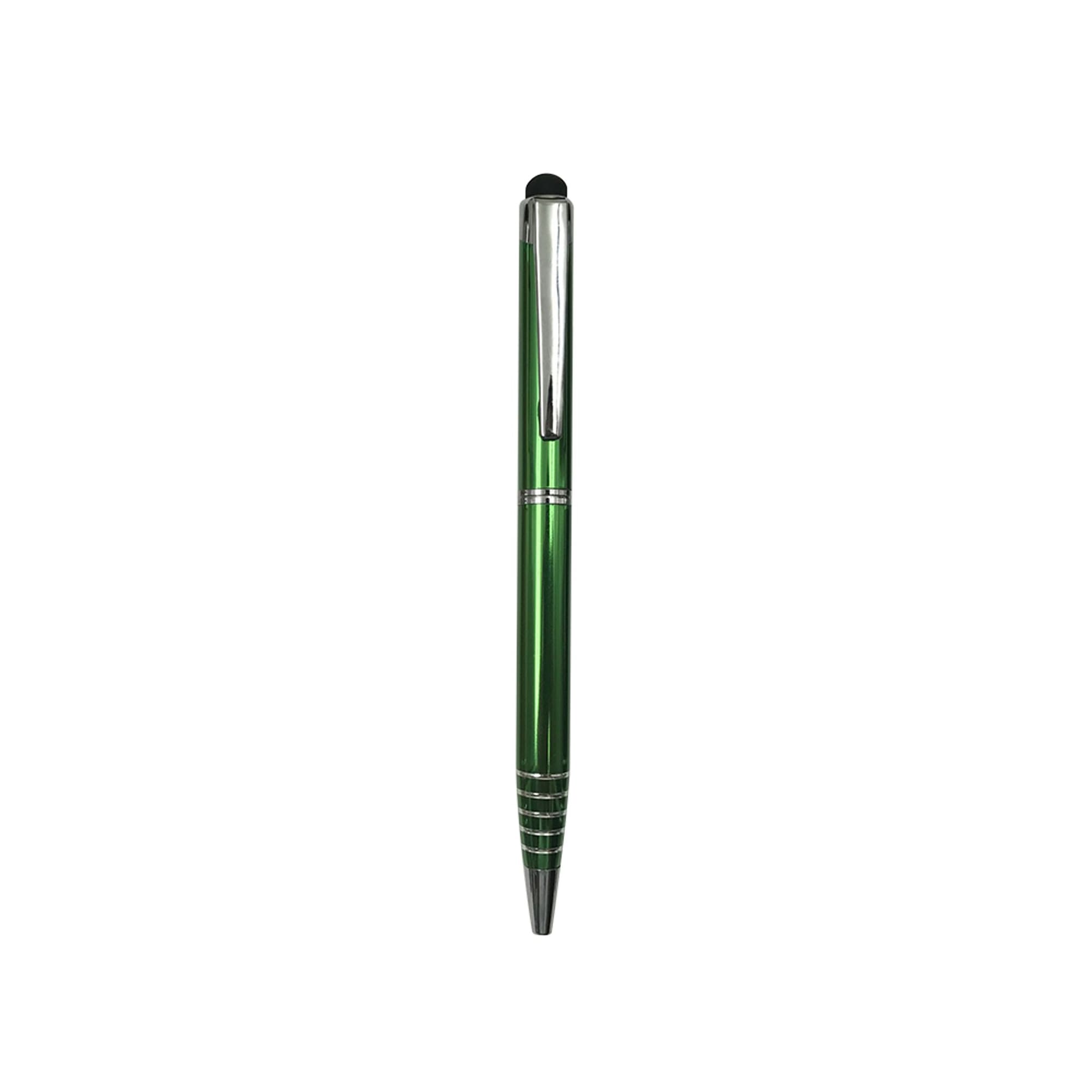 A green aluminium ball pen with a sleek design and a stylus tip, featuring a silver clip and accents.
