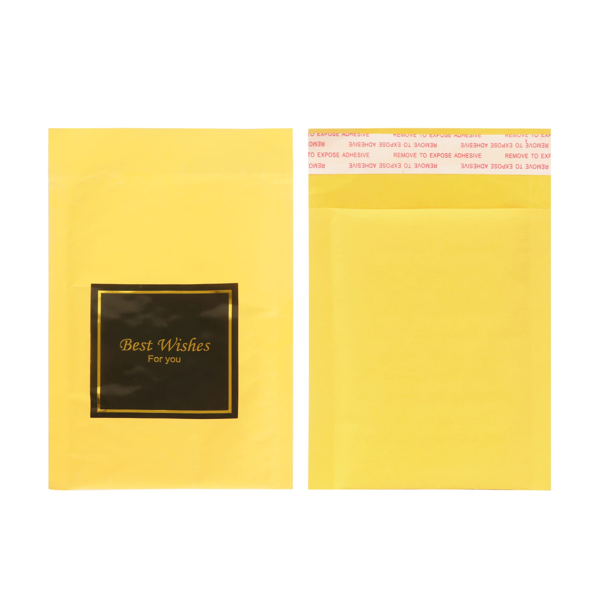 A yellow padded bubble envelope with a black-framed message and a self-adhesive seal. Features branding on the flap.