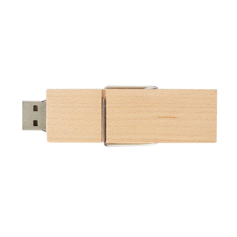 A wooden flash drive in a natural finish with a metal clip attached, featuring a USB connector on one end.