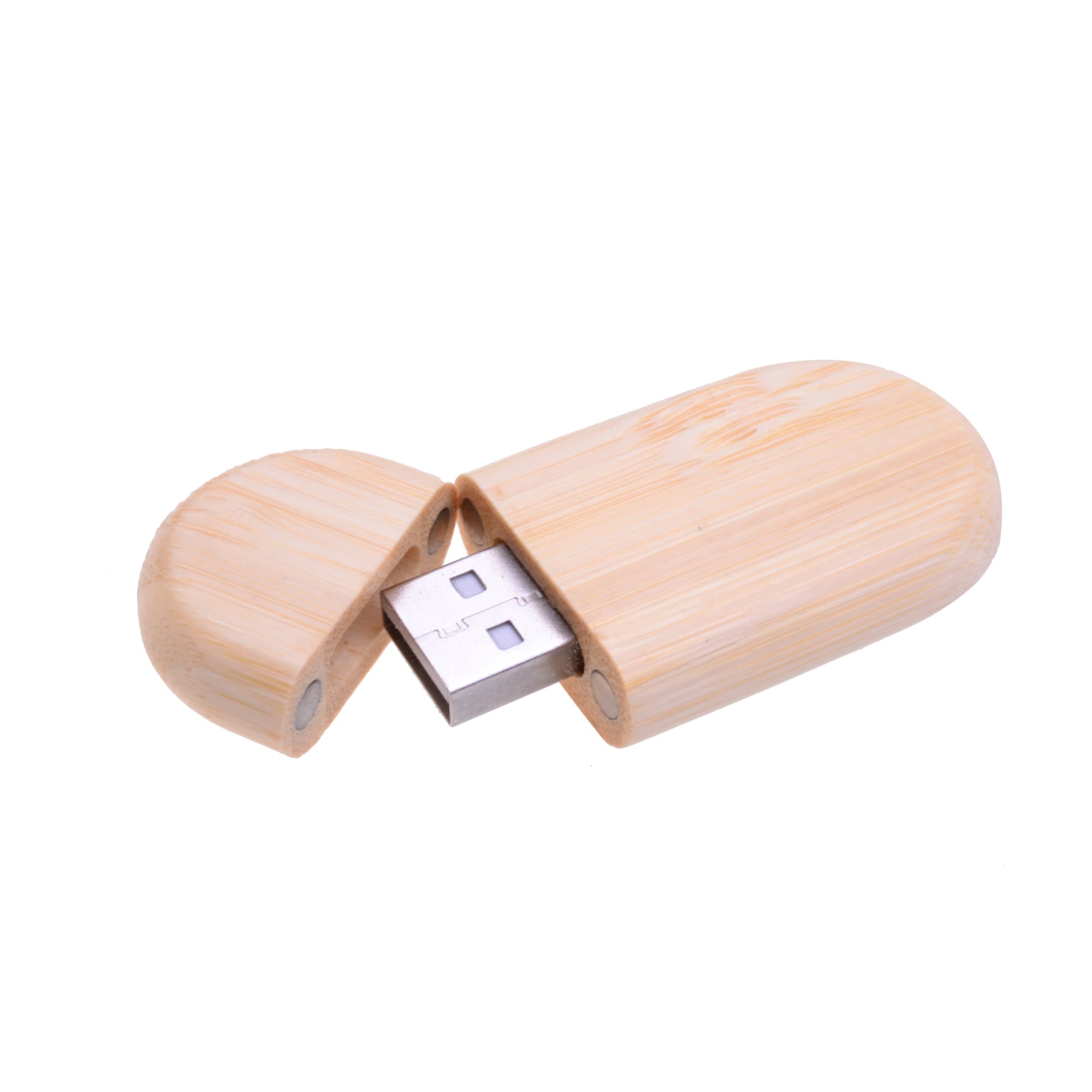 An oblong wooden flash drive with a natural bamboo finish, featuring a removable cap.