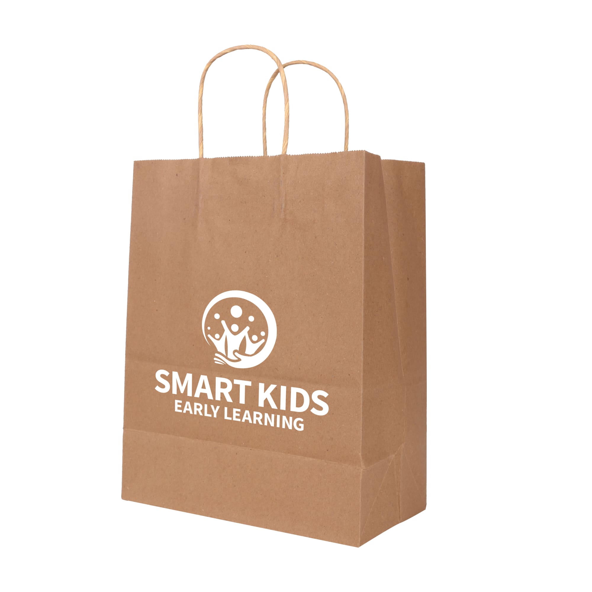 A brown kraft paper bag with twisted handles and a circular logo featuring a design, measuring 260x330x120mm.