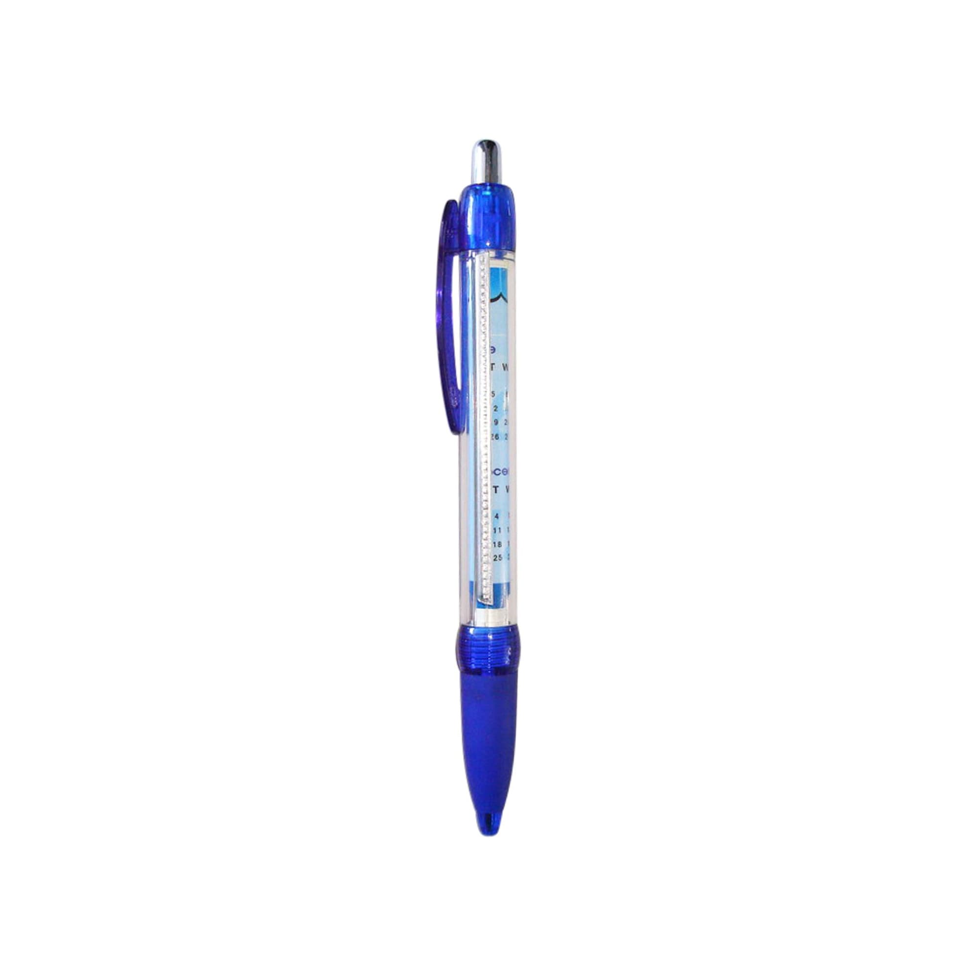A plastic pen with a blue grip and a transparent barrel, featuring a logo and a ballpoint tip.