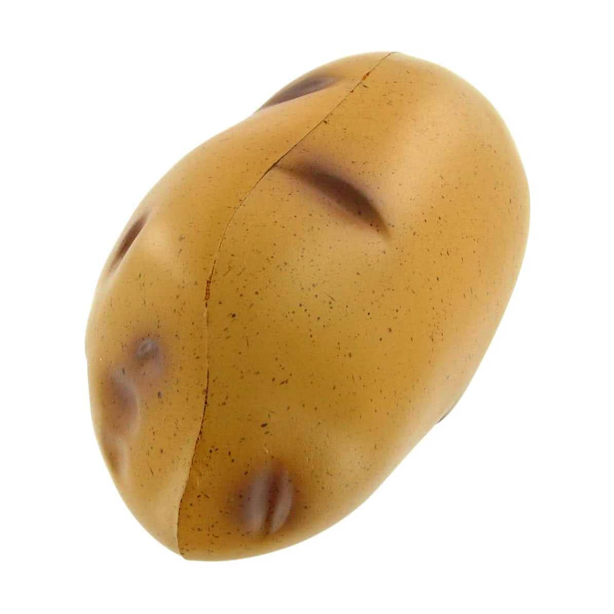 A potato-shaped stress reliever in light brown with dark speckles. The product features a smooth finish and a slight sheen.