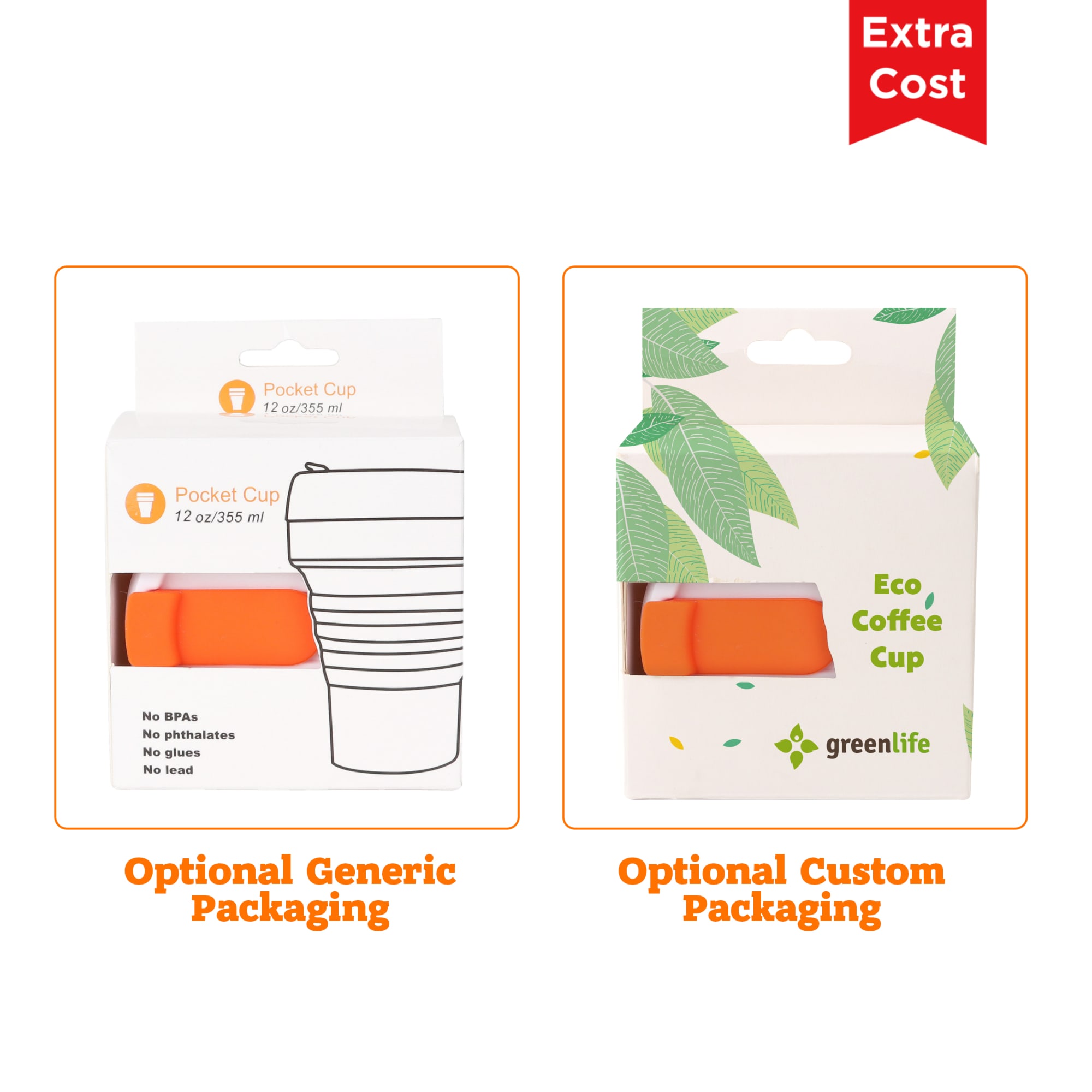 A collapsible silicone coffee cup in orange, featuring eco-friendly branding and packaging options.