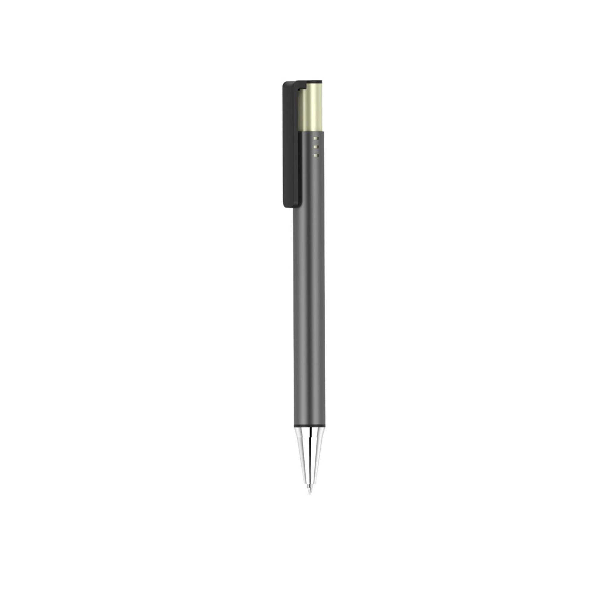 A sleek black pen with a metallic gold end and a clip, featuring a simple design and a shiny silver nib.