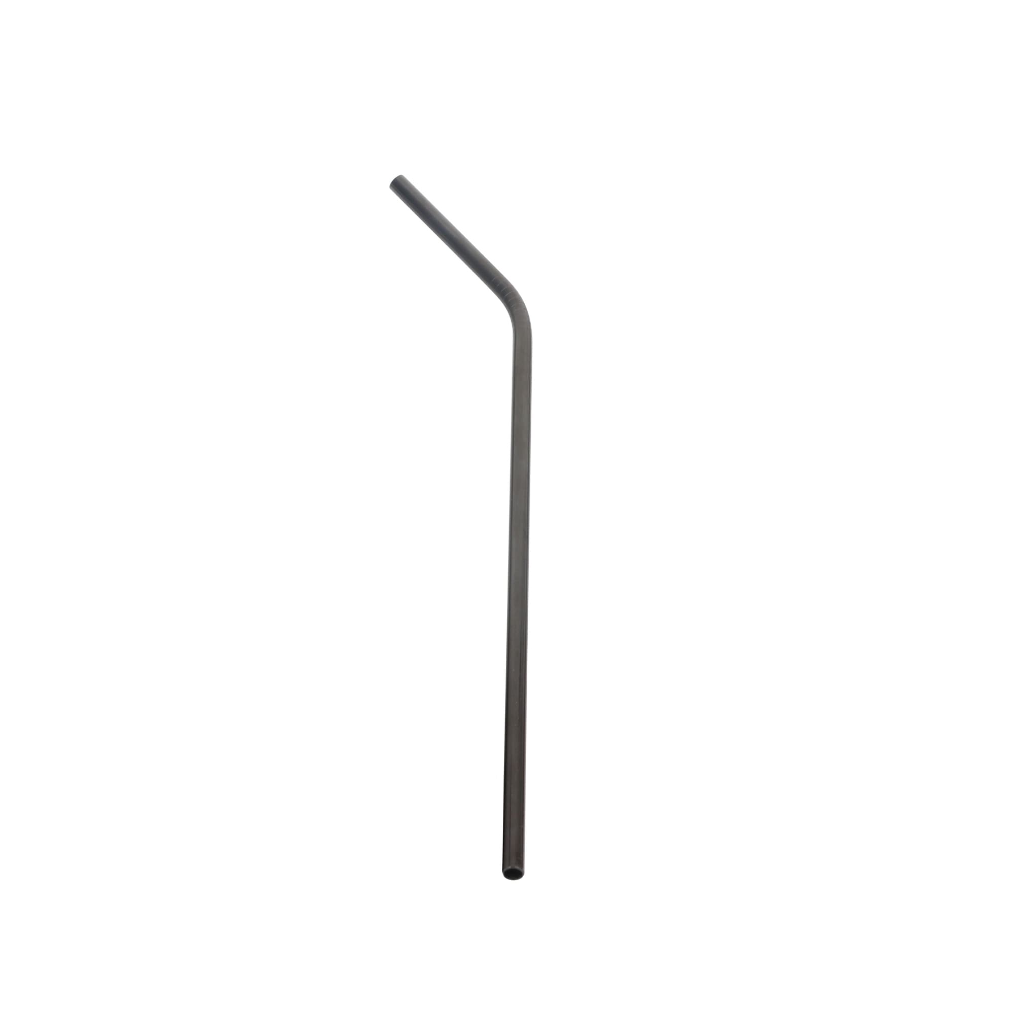 A stainless steel drinking straw with an angled design, featuring a sleek metallic finish and a logo.