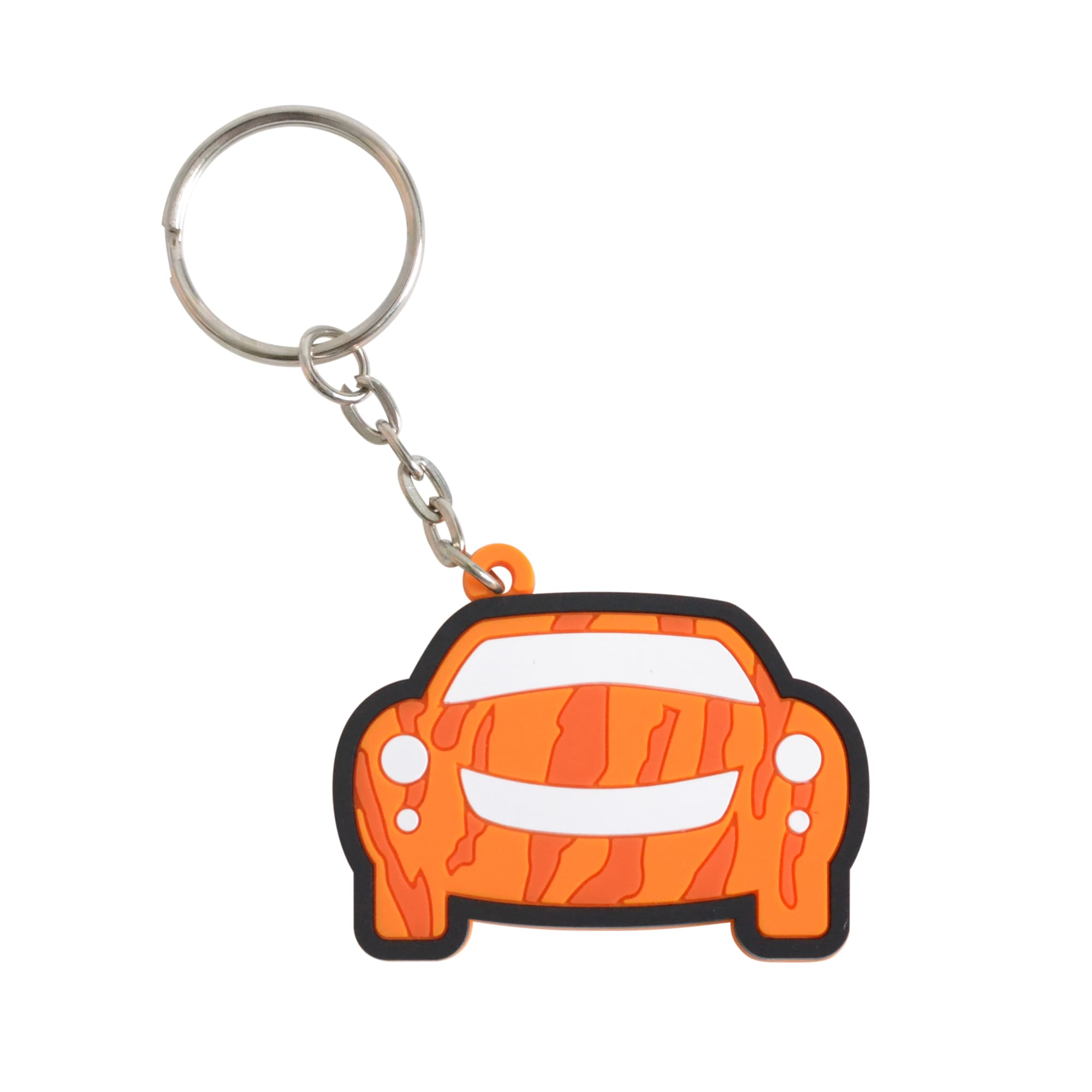 An orange custom-shaped PVC keyring in the form of a car, attached to a metal keychain.
