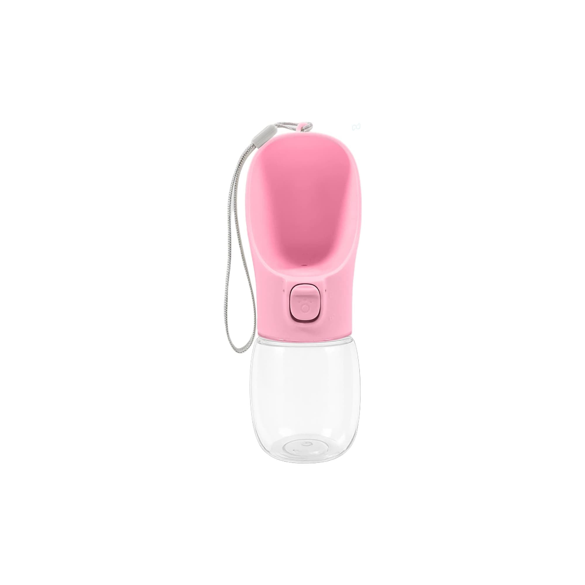 A portable pet water bottle in pink, featuring a transparent bottom and a button for dispensing water, with a wrist strap.