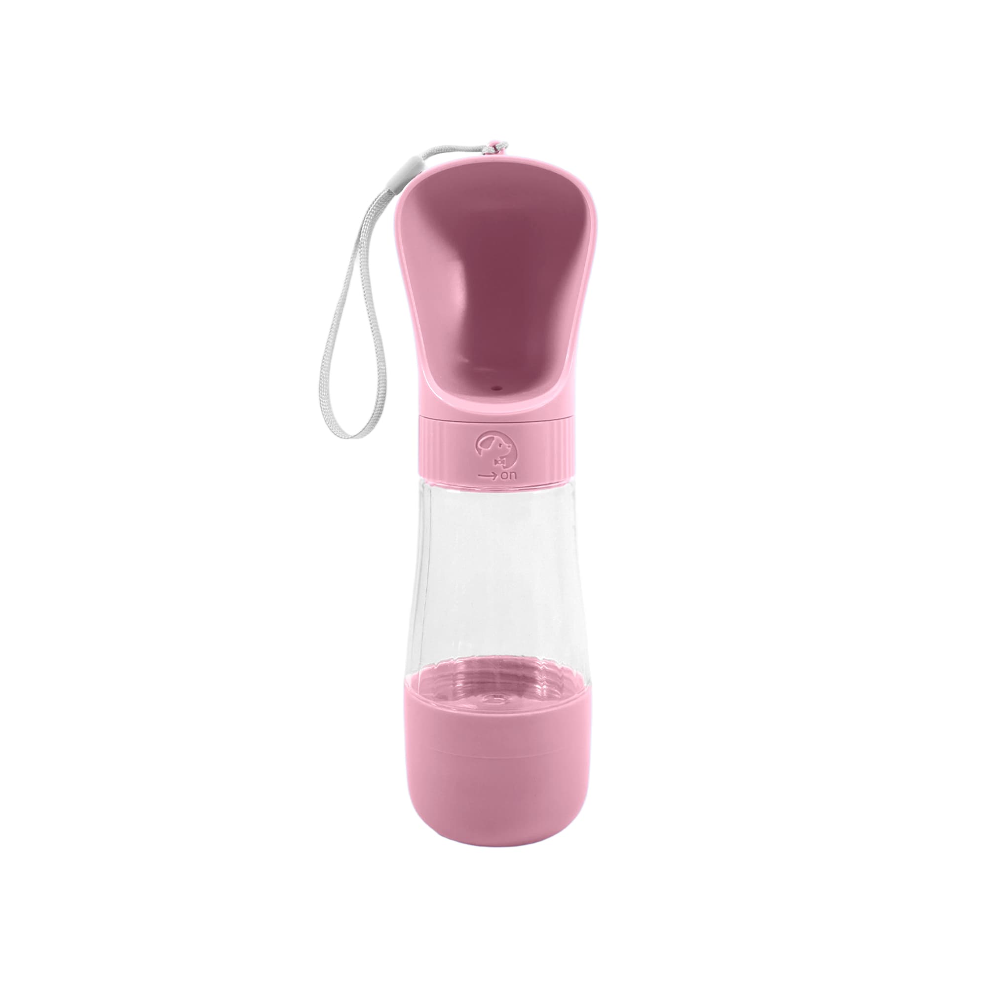A pink drink bottle with a built-in food container and a matching strap. It features a logo on the side.