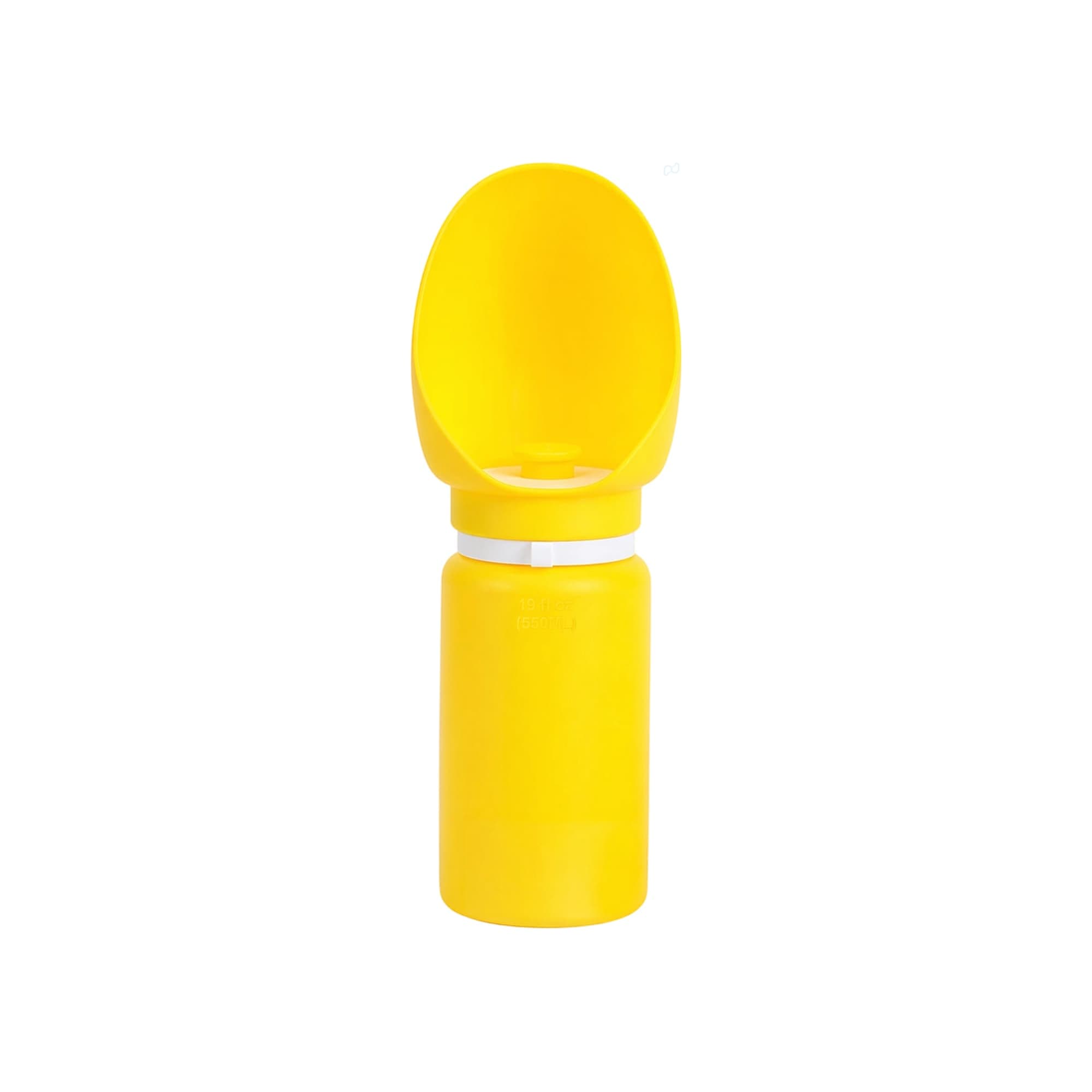 A drink bottle in bright yellow, featuring a collapsible bowl section and a white band around the middle.