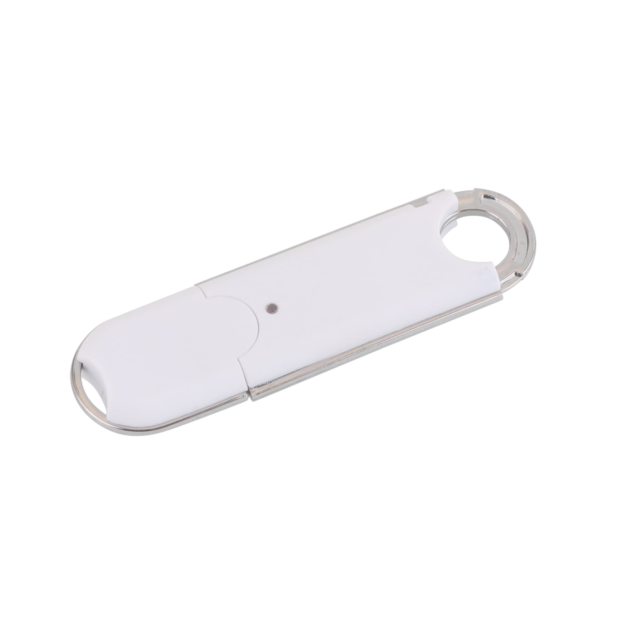 A white O-ring flash drive with a metallic keyring attachment. It has a sleek, compact design.