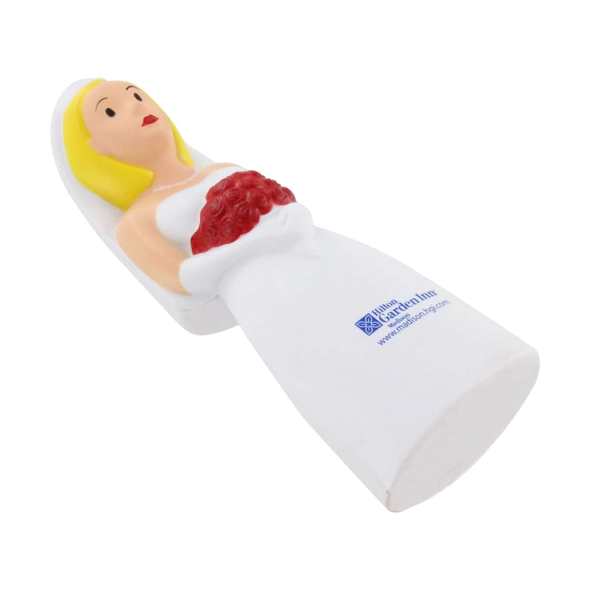 A white wedding bride stress reliever with a blonde bride holding a bouquet of red flowers and a logo.