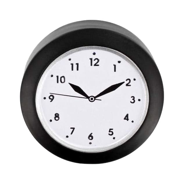 A round stress reliever in the shape of a clock, featuring a black outer casing and a white face with black numbers.