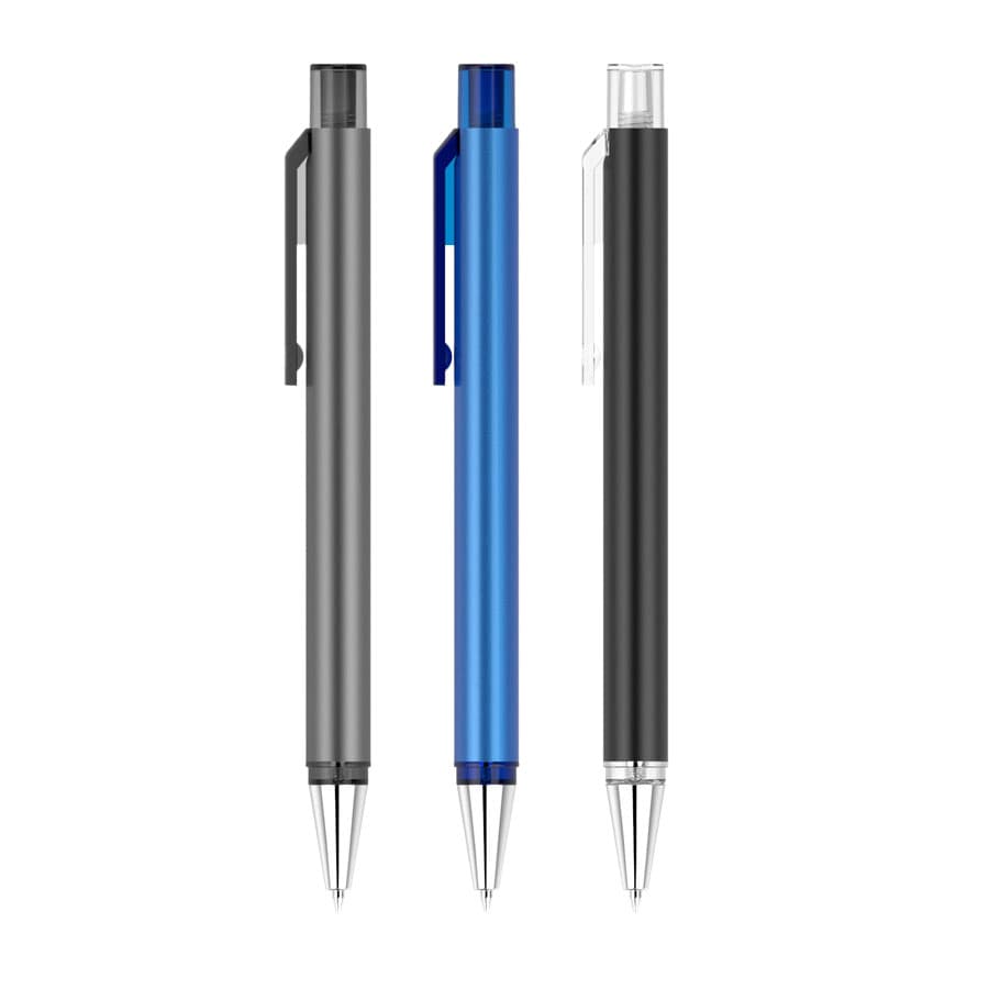 Three plastic pens in grey, blue, and black, each with a clip and a decorative logo.