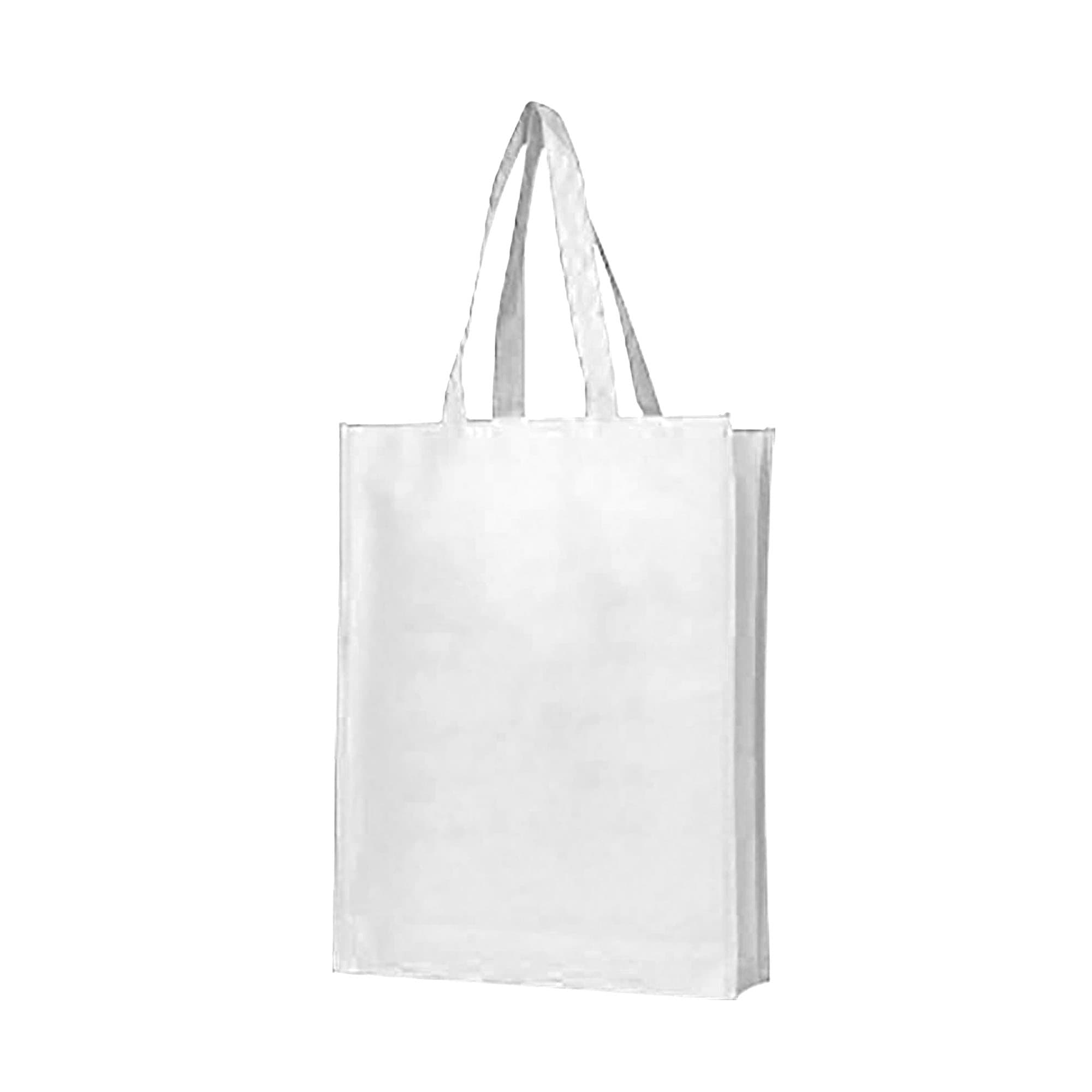 A large white non-woven bag with a gusset and two handles, featuring a logo.