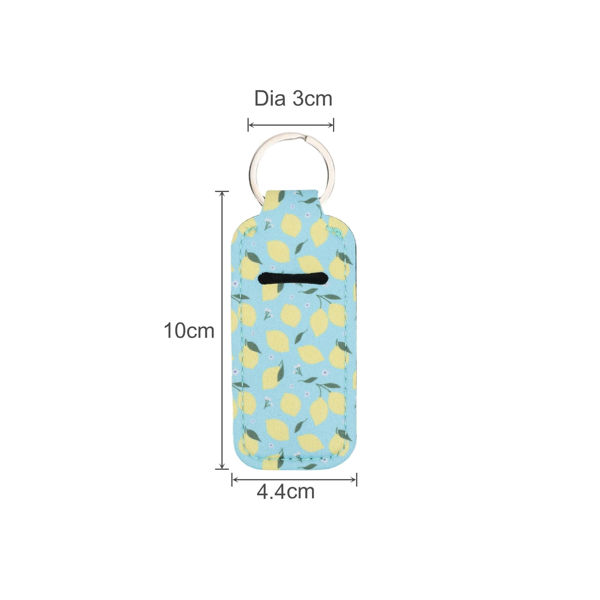 A blue neoprene bag featuring a lemon pattern, with dimensions and a keyring attachment.