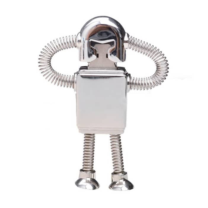 A metallic robot-shaped flash drive features flexible spring arms and legs, showcasing a shiny silver finish.