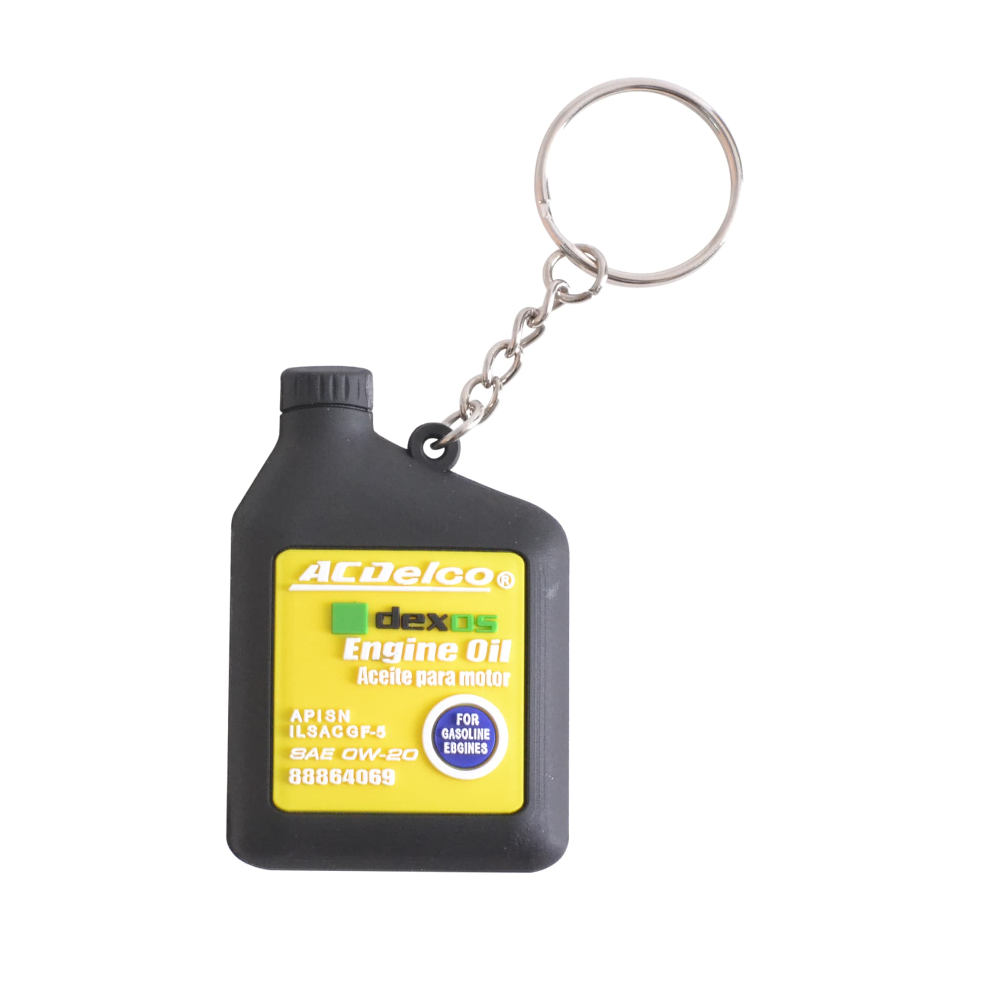 A custom-shaped PVC keyring designed like an engine oil container in black and yellow, featuring a chain attachment and logo.