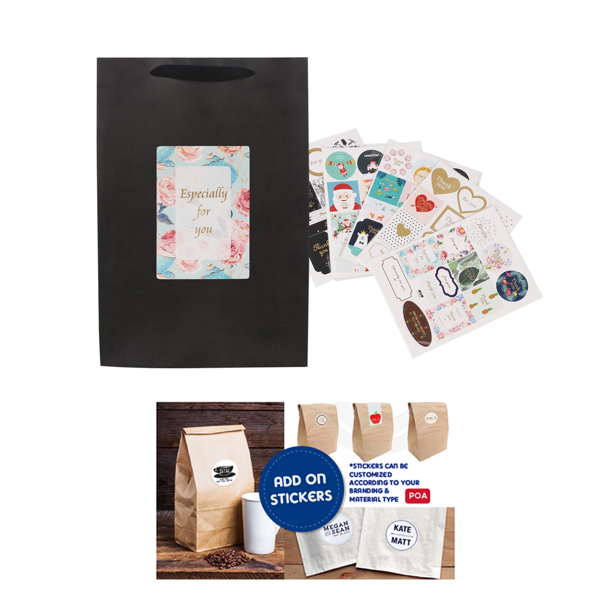 A small vertical black paper bag with a rope handle, accompanied by various decorative stickers.