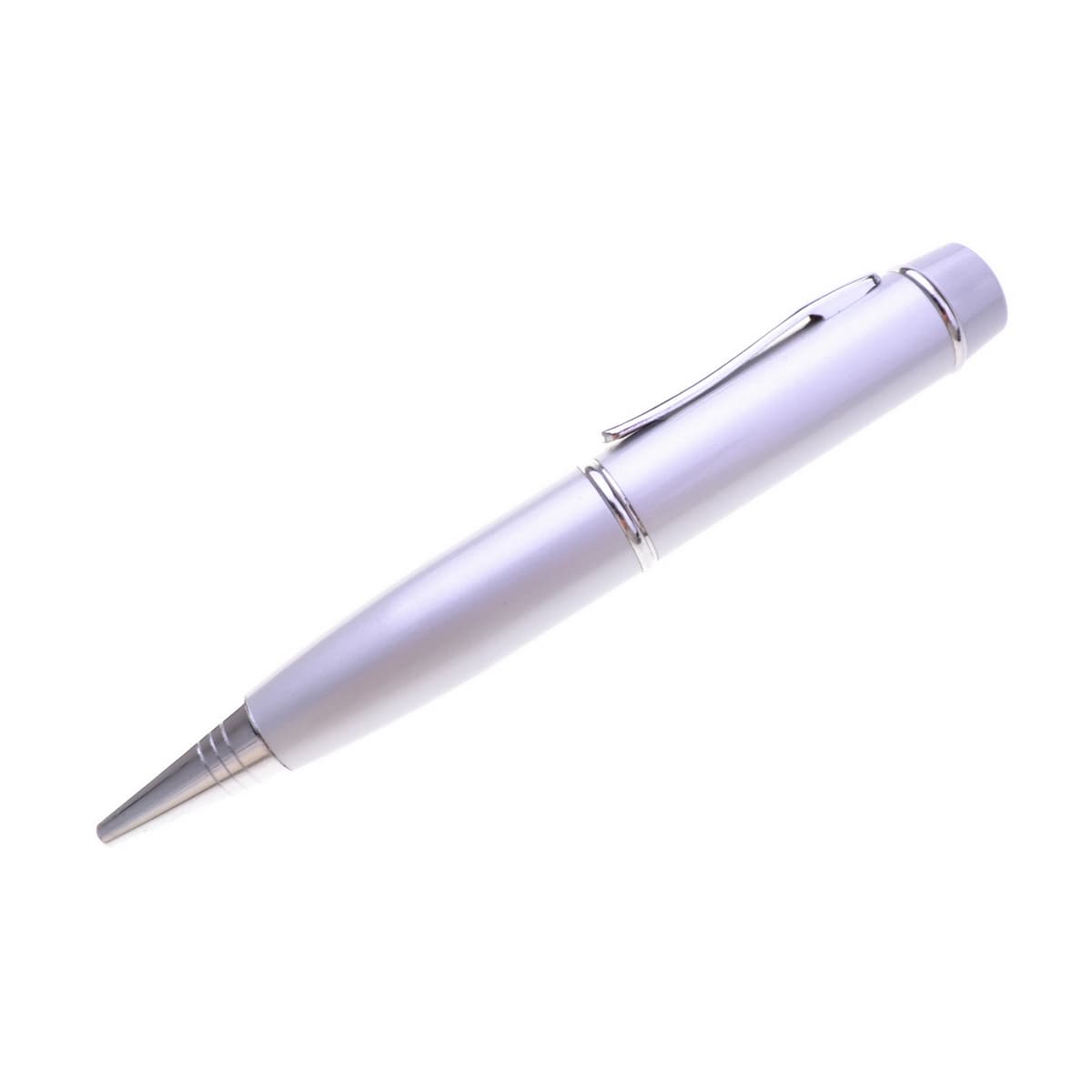A silver pen with a sleek design, featuring a clip and a metallic finish, includes a logo.