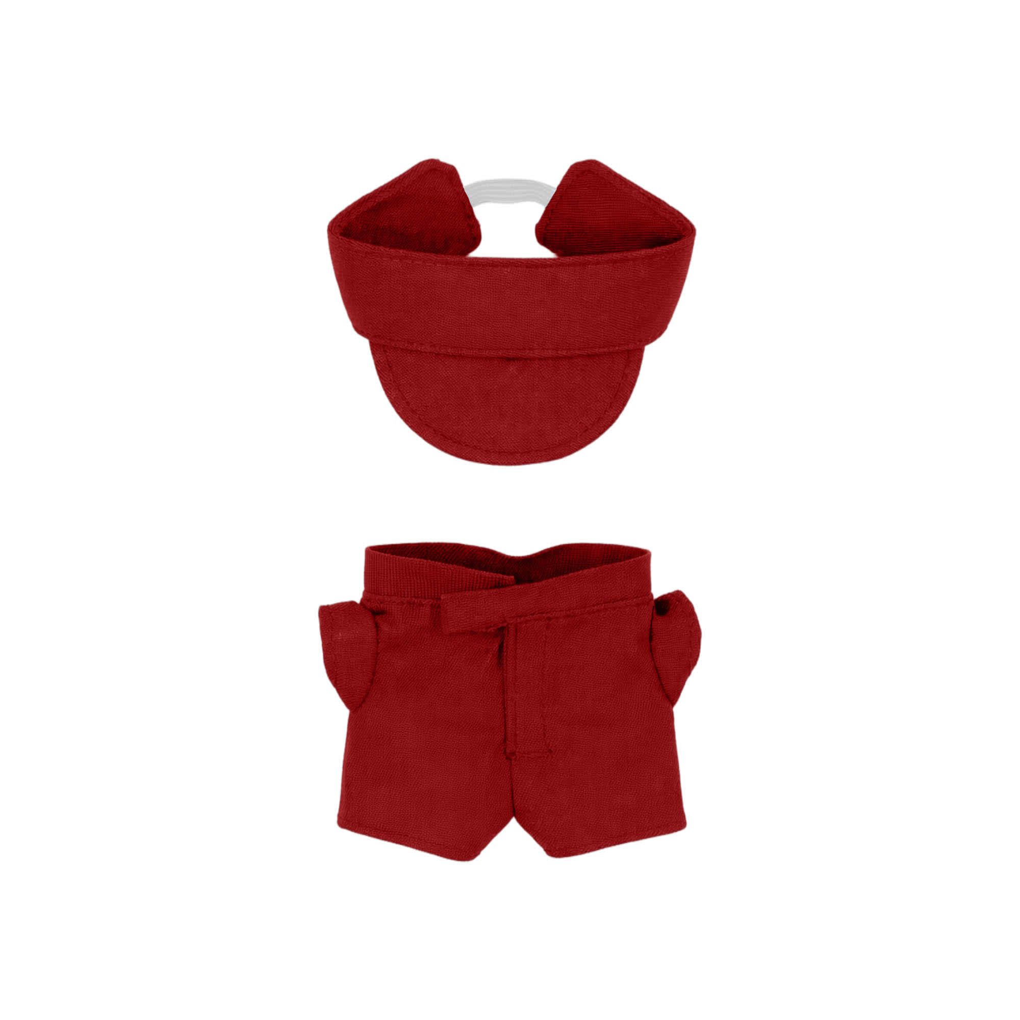 A red plush racing suit set for a 10cm doll, featuring a cap and shorts. Includes a logo on the attire.
