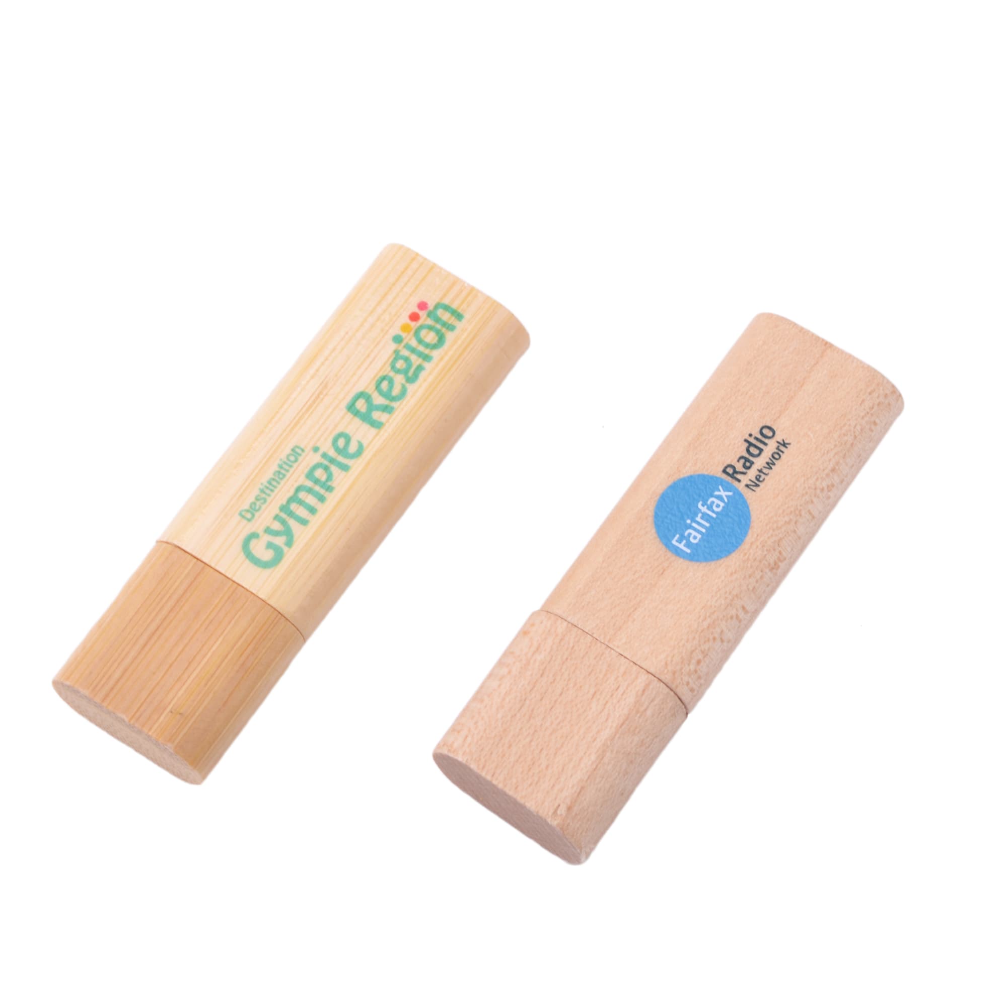 A rounded wooden flash drive in natural wood colour, featuring two logo designs on its surface.