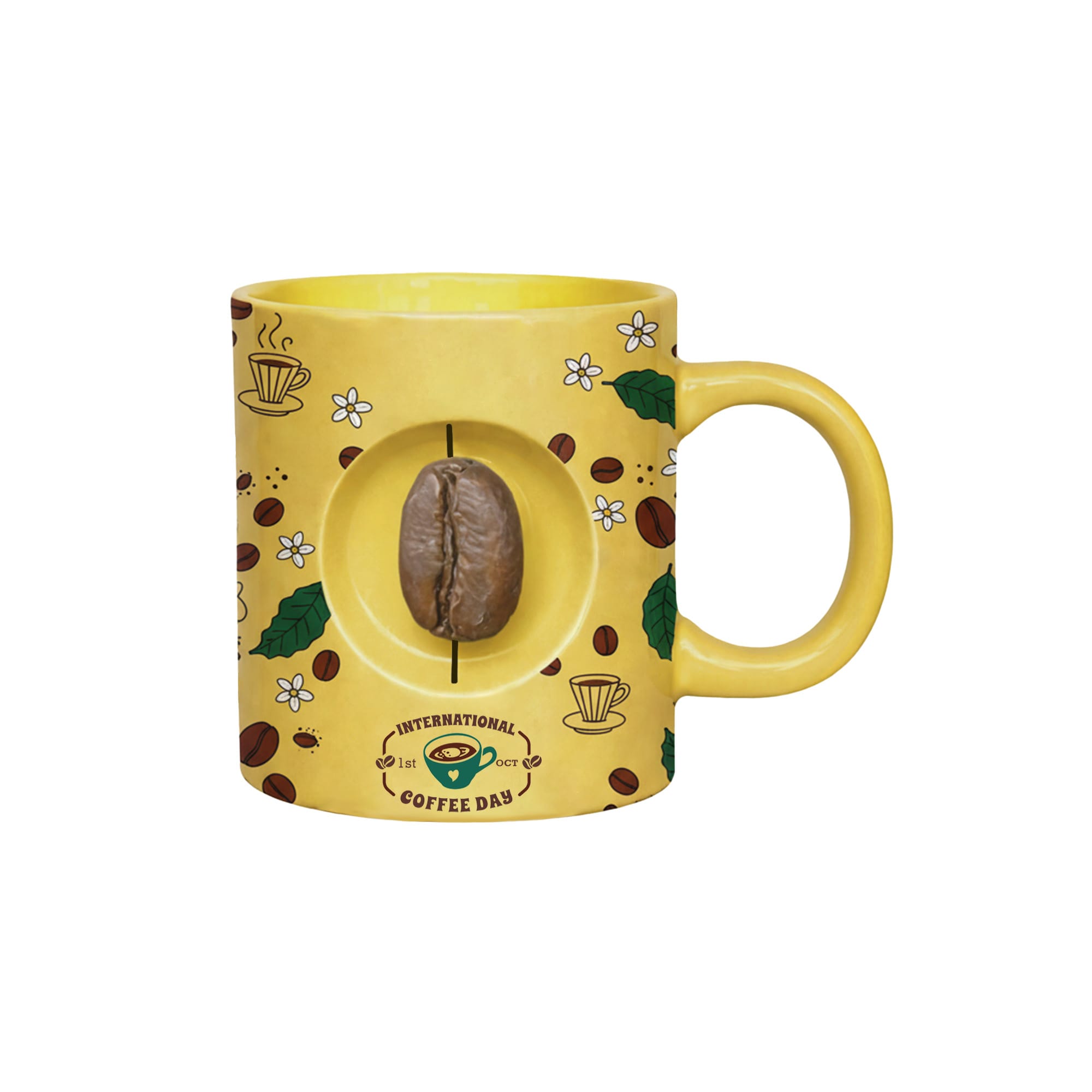 A yellow ceramic coffee mug featuring a coffee bean and coffee-themed decorations, with a logo on the side.