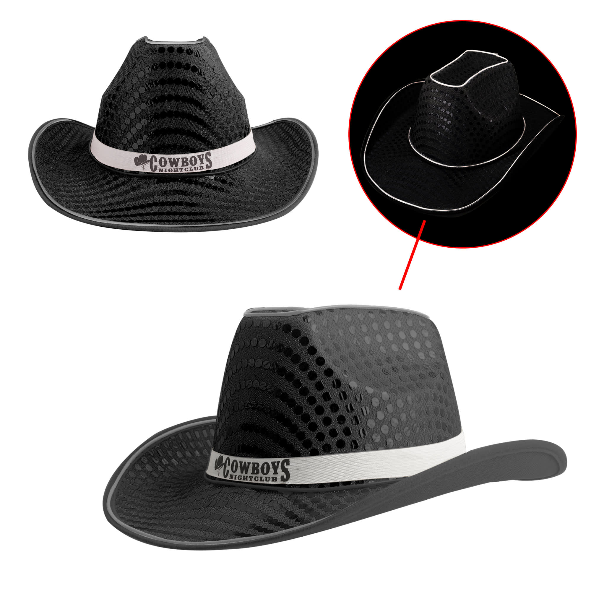 A black sequin cowboy hat featuring a white band and a logo, showing a light-up design in the inset.