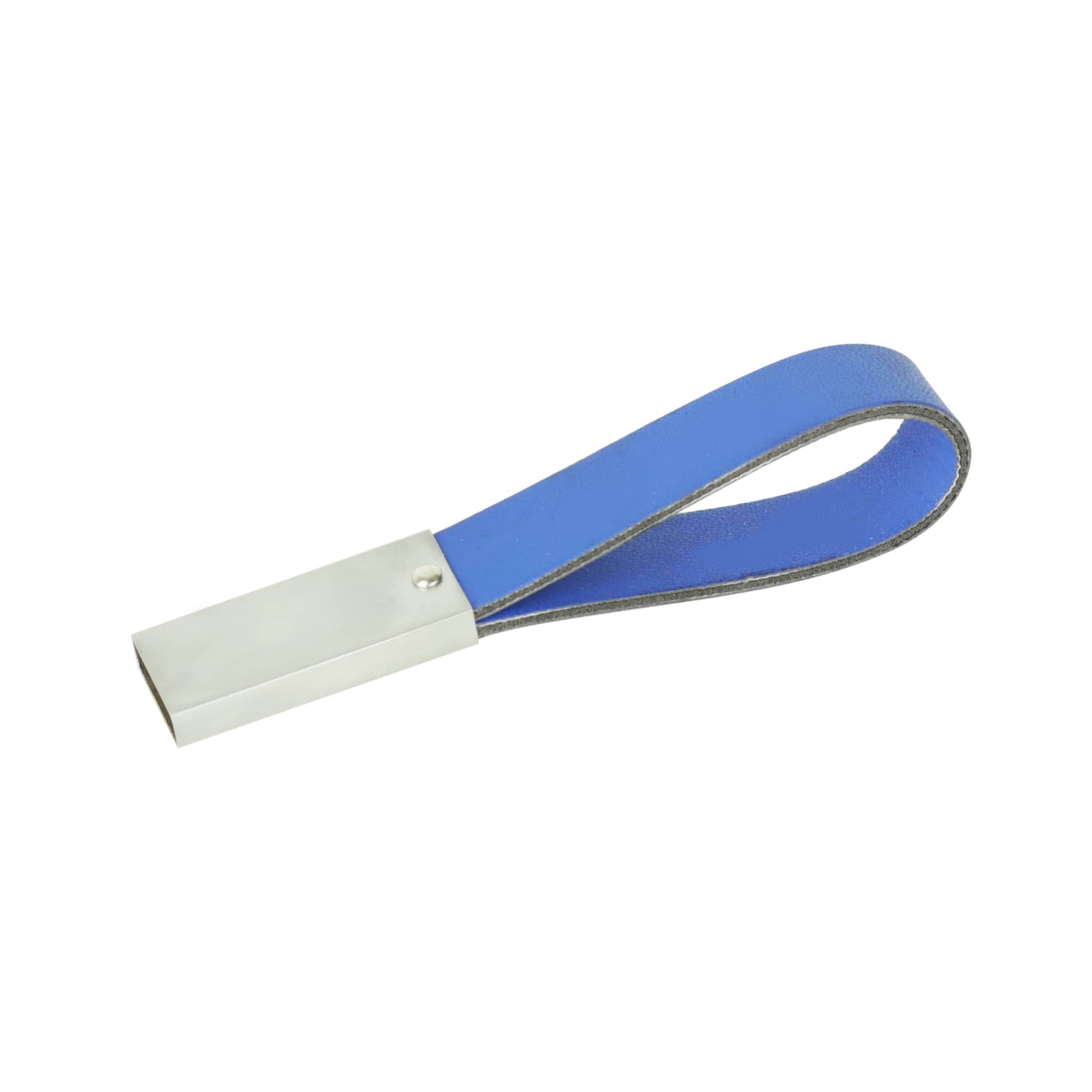 A blue leather strap flash drive with a silver metal casing, featuring a logo on the casing.