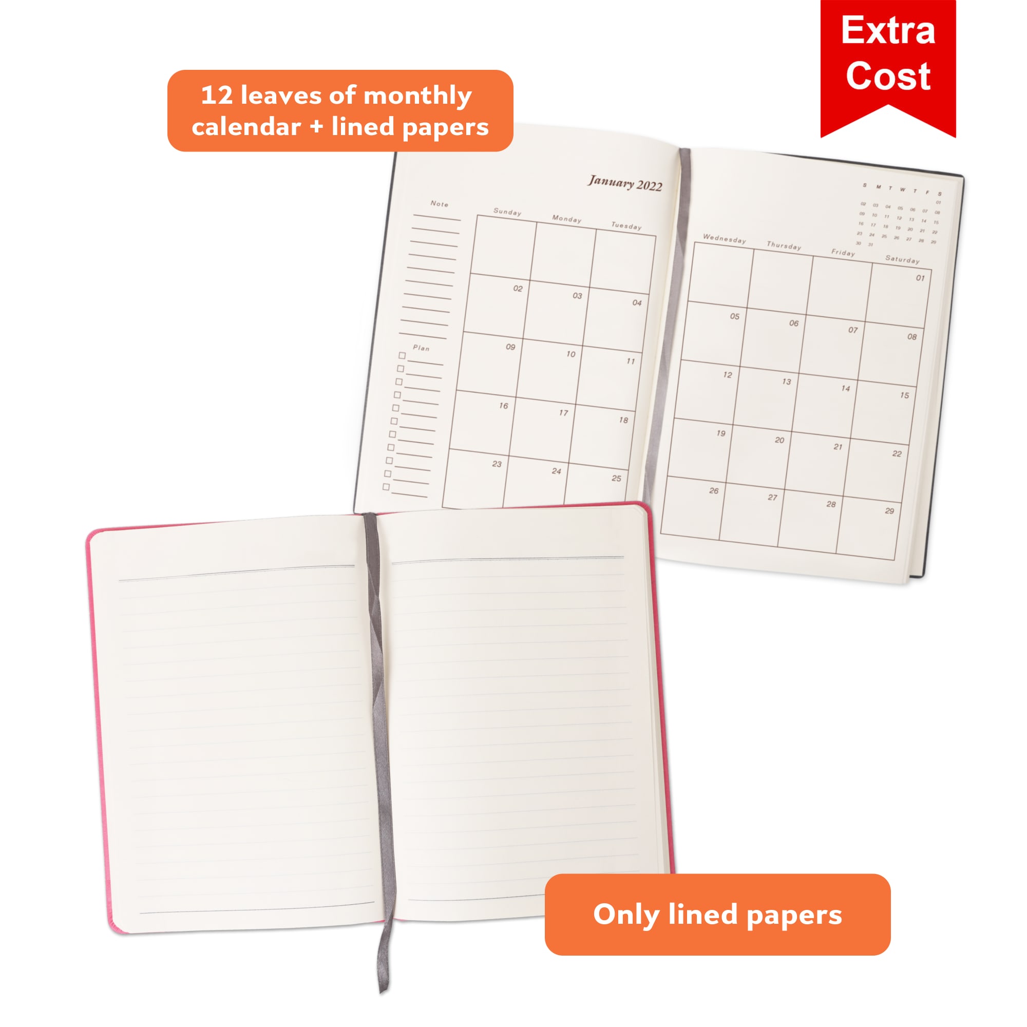 A5 PU cover notebook featuring a monthly calendar and lined pages, with a ribbon bookmark. Available in various colours.
