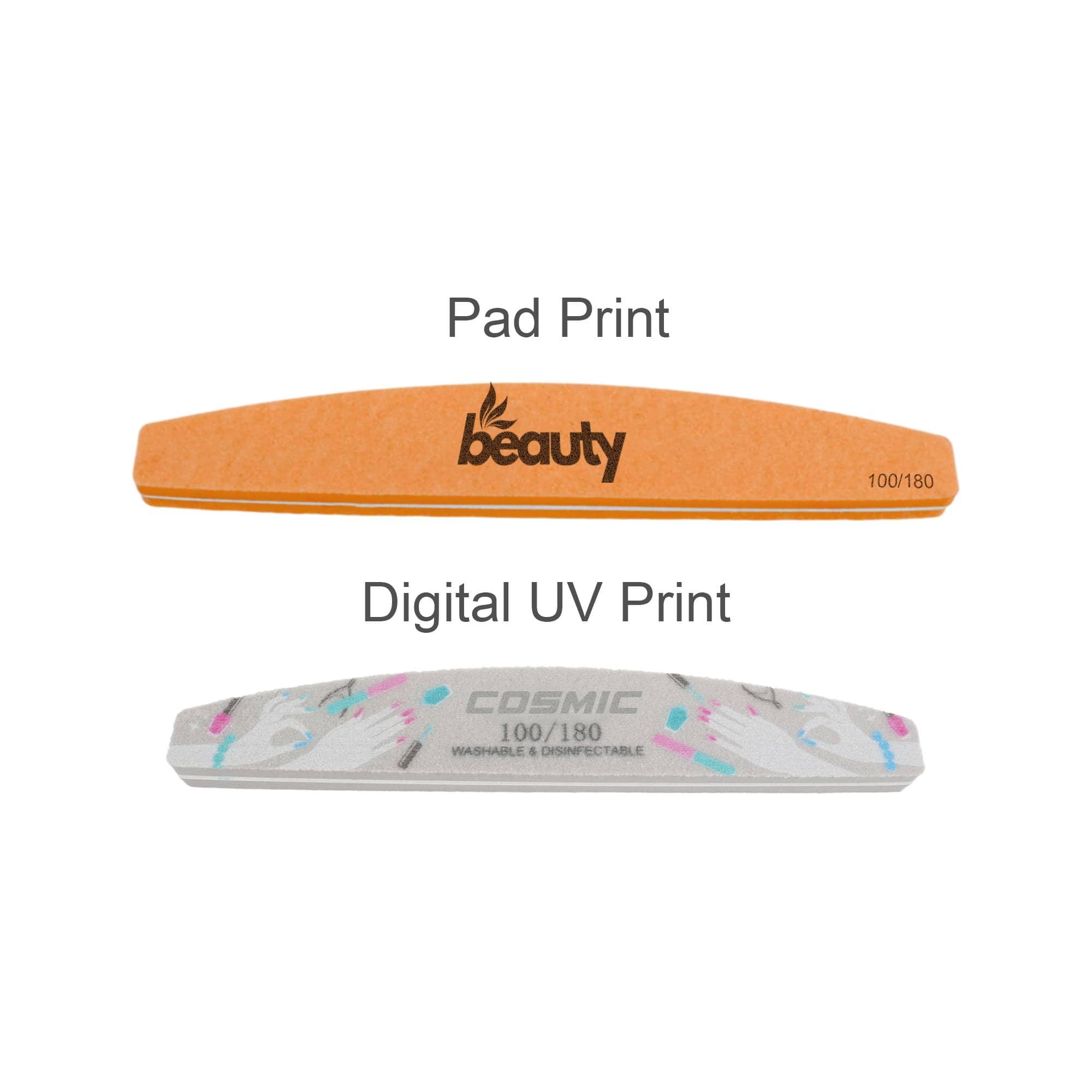A Sponge Half Moon Shape Nail File in orange with a logo and a white file featuring colourful designs.
