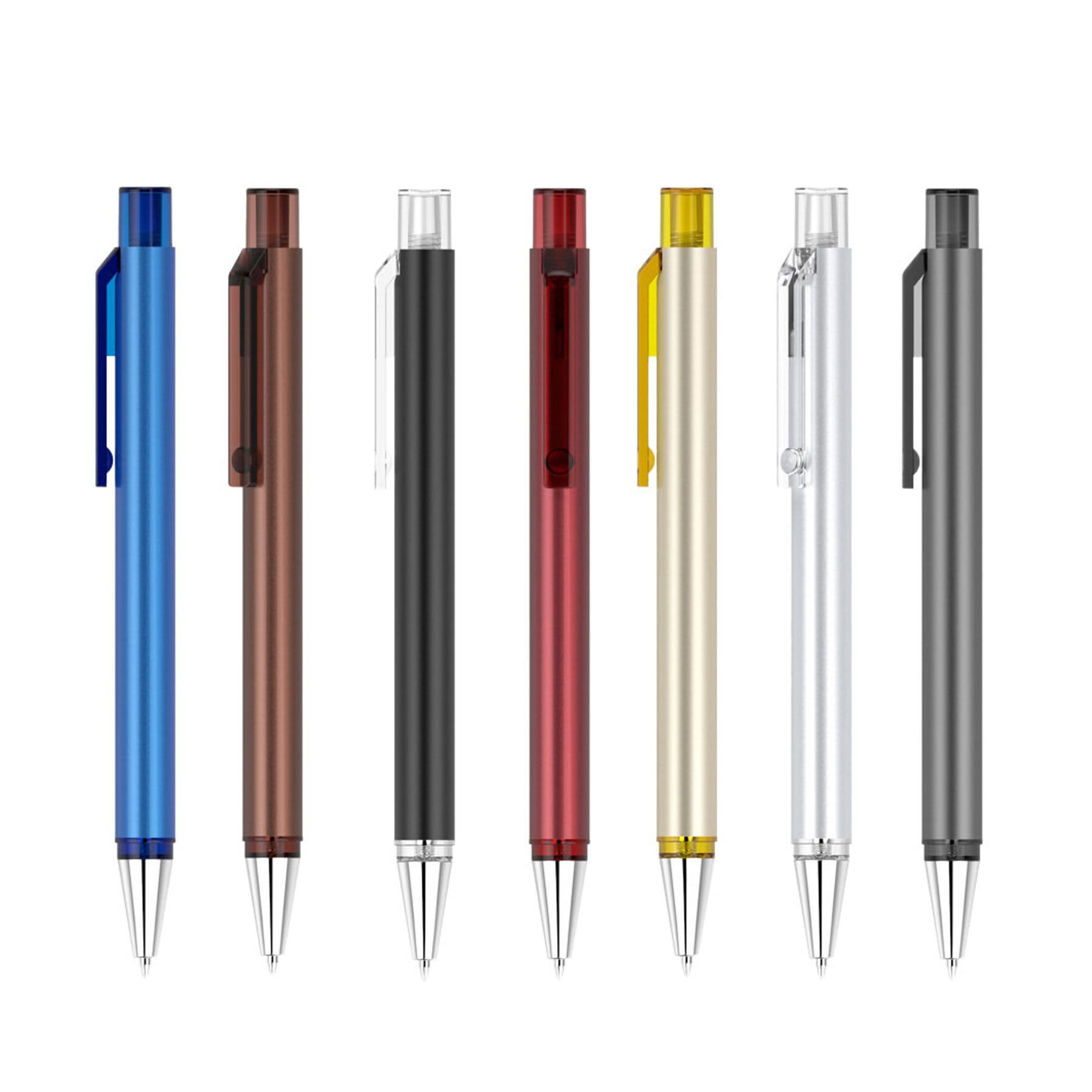 A collection of metal pens in blue, brown, red, gold, silver, and black, with various clip designs and a logo on each.