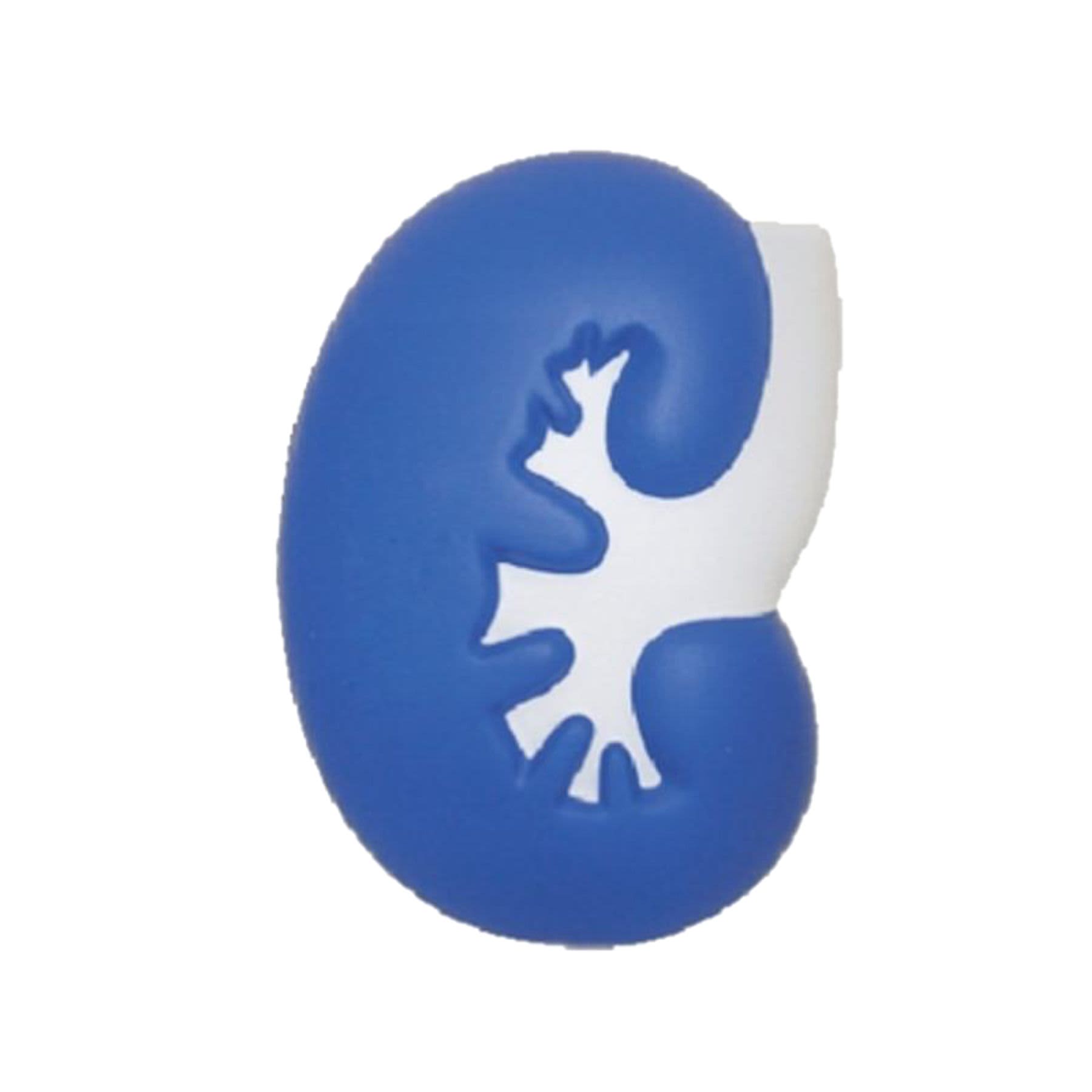 A blue kidney-shaped stress reliever with a white accent and a textured surface. It has a logo displayed.